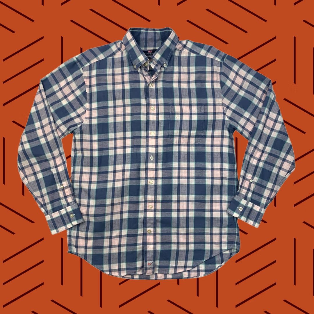 Vineyard Vines Murray Plaid Shirt Mens Medium Blue White Classic Fit Linen Blend, Men's