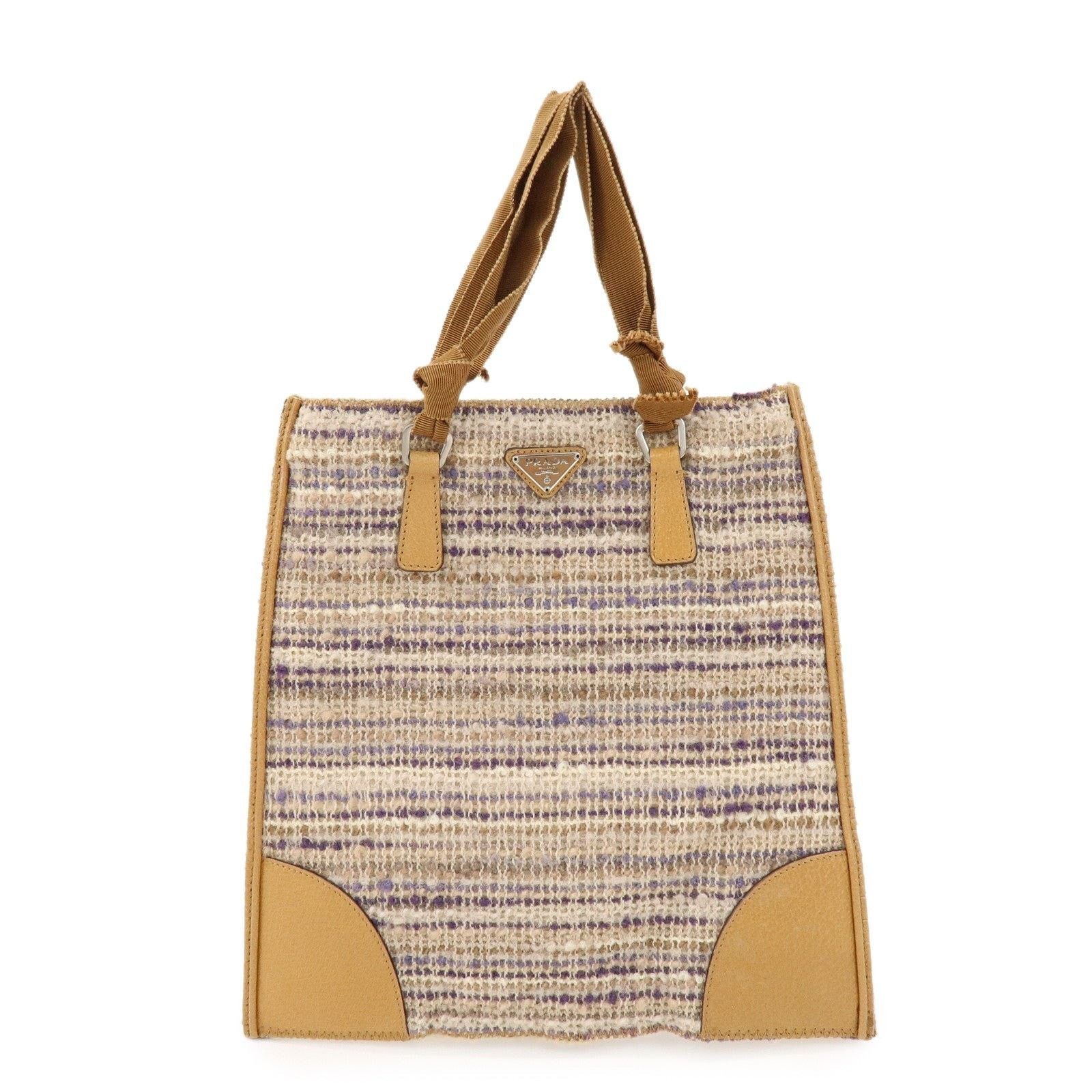 Prada Prada Triangle Logo Tweed Leather Tote Tan Size ONE SIZE - 1 Thumbnail