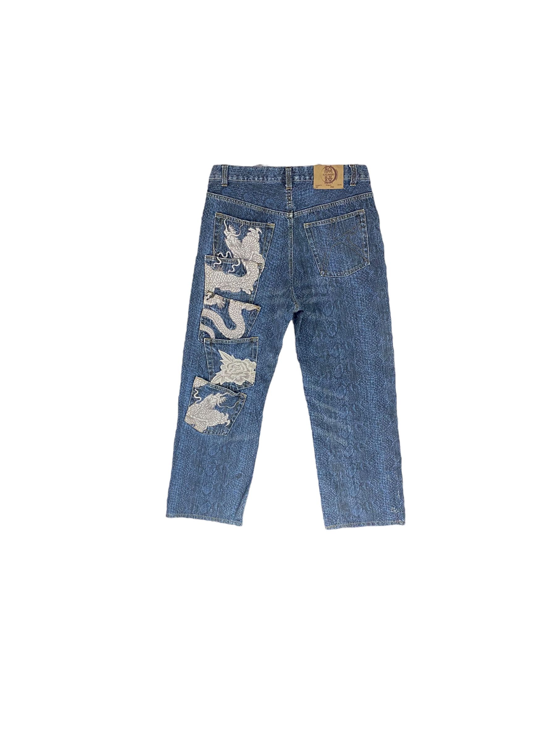 Japanese Brand Karakuri snake pattern embroidered dragon multipocket jeans Size US 35 - 1 Thumbnail