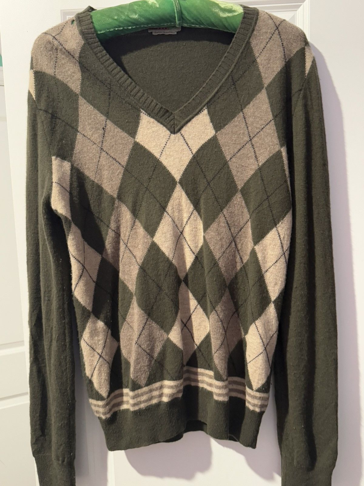 Designer × Prada Green & Khaki Prada Argyle Knit Sweater Size US L / EU 52-54 / 3 - 2 Thumbnail