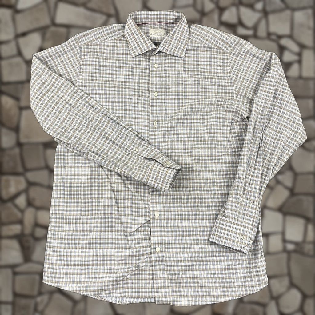 Eton ETON Shirt Mens Size 43 - 17 Brown Blue White Plaid Long Sleeve Casual Dress L/S Size US XL / EU 56 / 4 - 1 Thumbnail