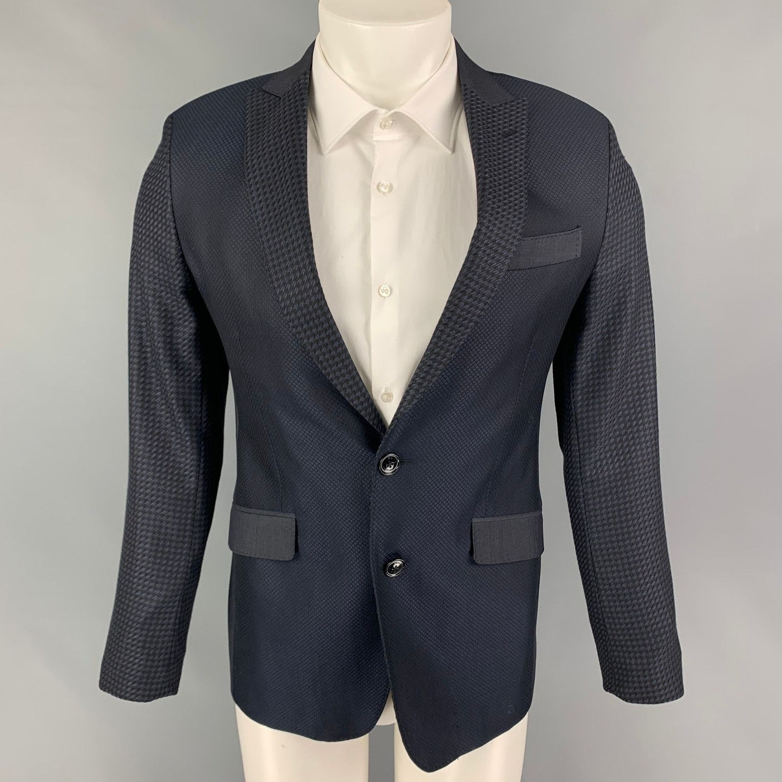 Size 38 Black Navy Mixed Fabrics Wool Peak Lapel Sport Coat