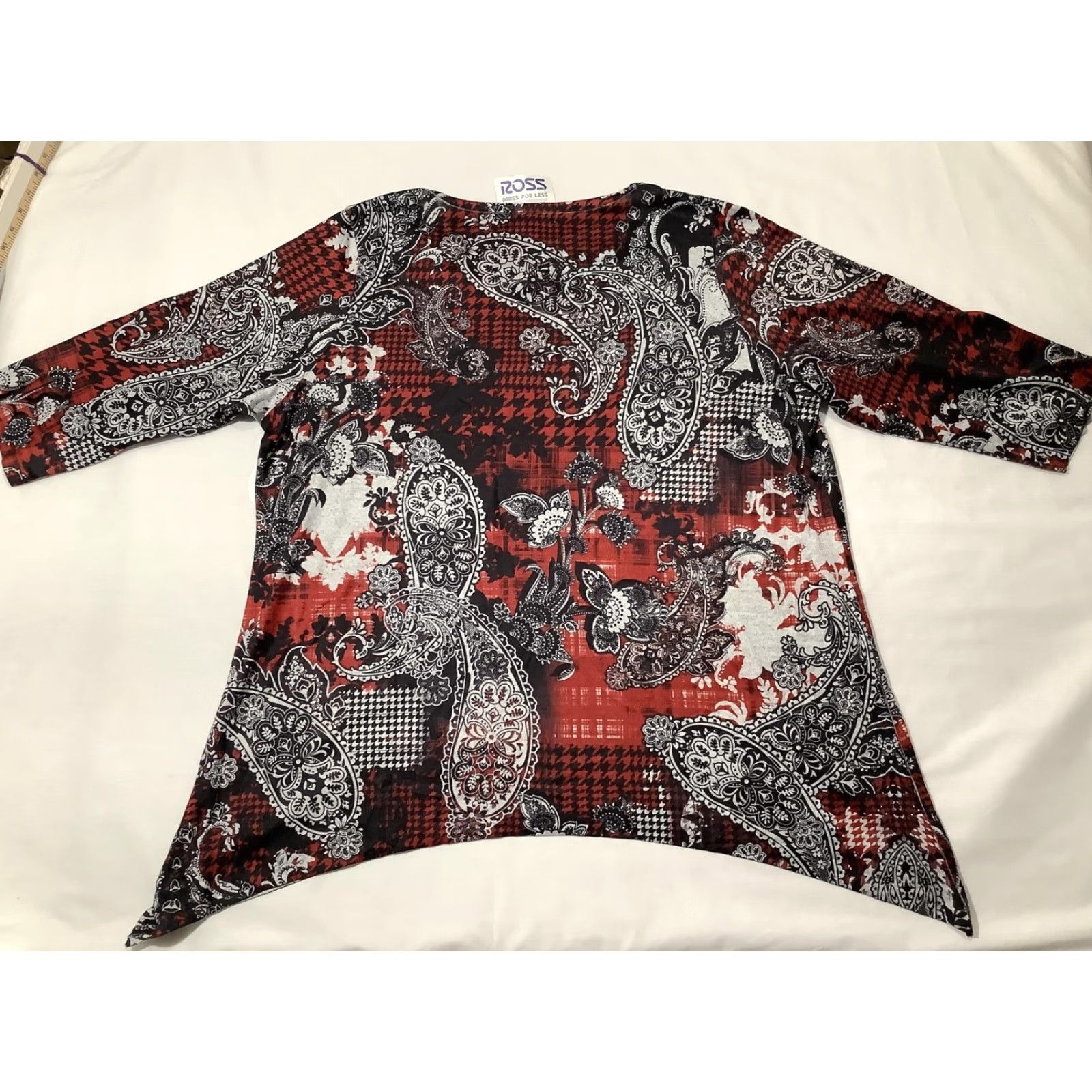 Vintage Soleillee Knit Top Womens 2X Red Paisley Houndstooth Asymmetrical Hem Stretch Shirt Size XXL / US 16-18 / IT 52-54 - 7 Thumbnail