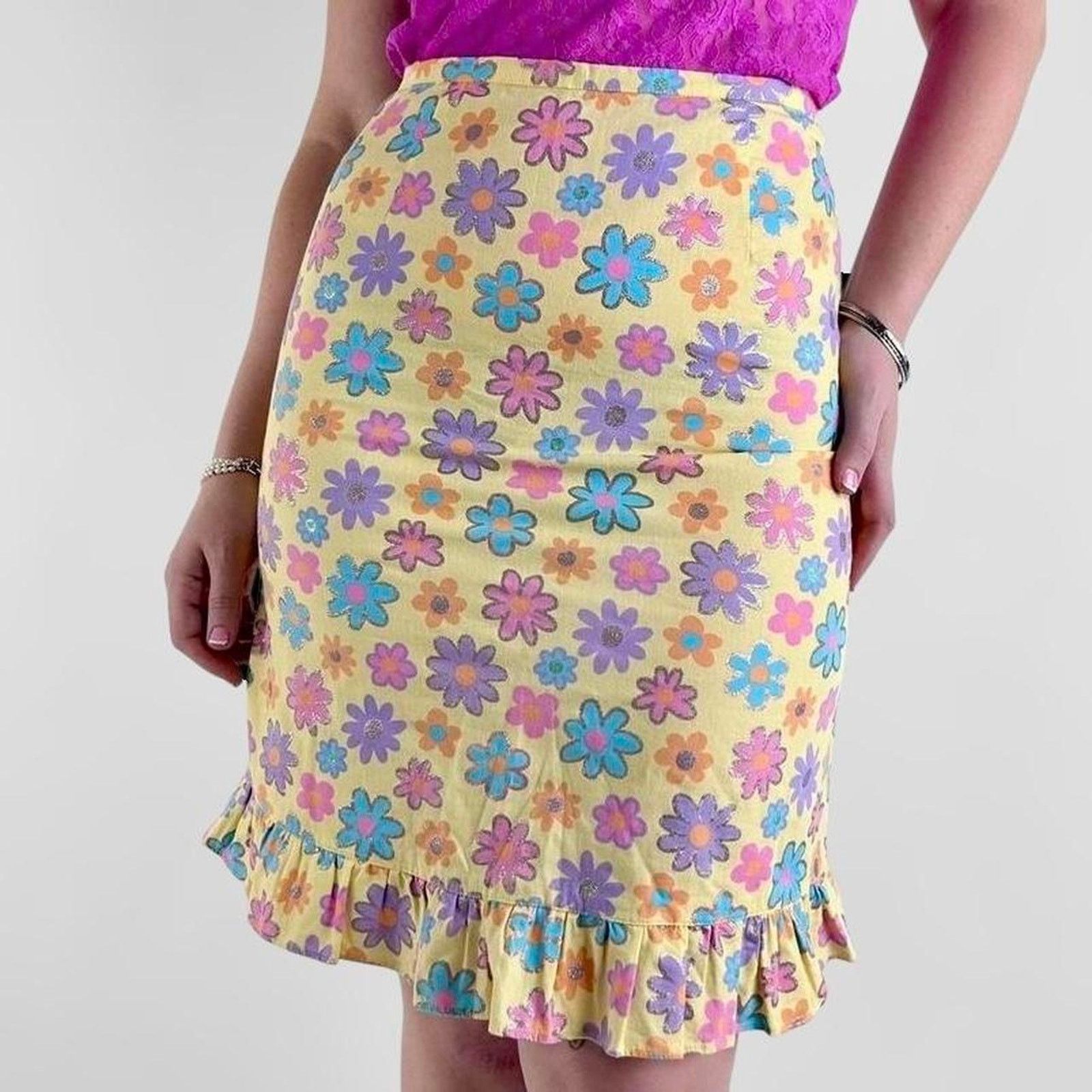 Other y2k yellow pink floral midi skirt Size 28" / US 6 / IT 42 - 1 Thumbnail