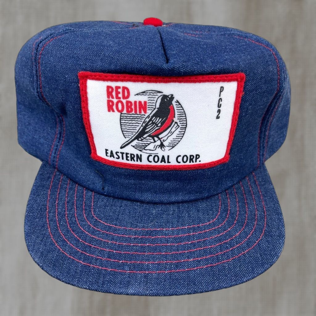 VINTAGE Eastern Coal Trucker Hat Denim Blue Adjustable Snapback 80s USA Men