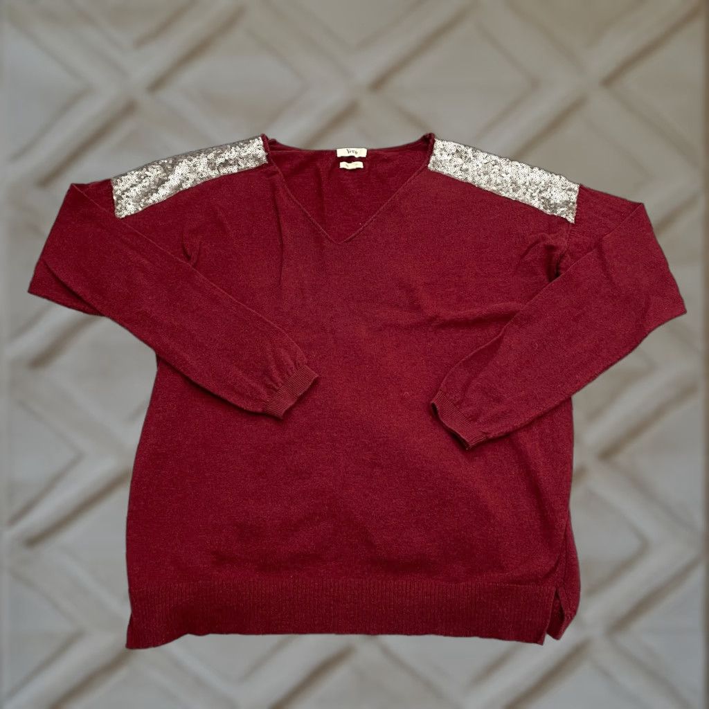 Vintage Yerse Women's Sweater Small Red Sequin V-Neck Casual Pullover Cotton Lightweight Regular Fit Size S / US 4 / IT 40 - 1 Thumbnail