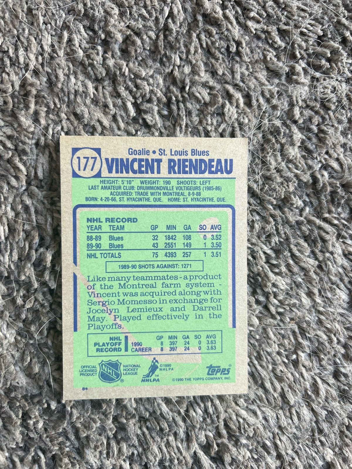 NHL 1990 Topps #177 Vincent Riendeau Card Size ONE SIZE - 2 Thumbnail