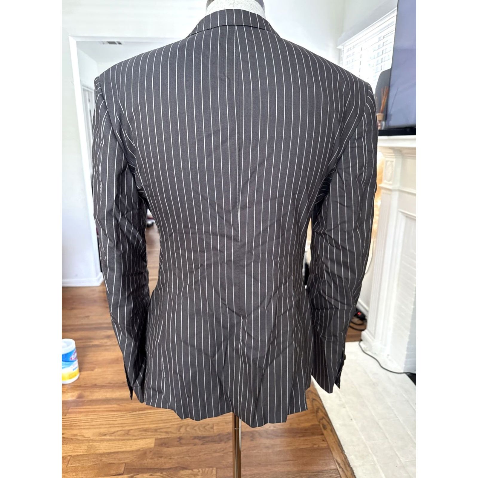 Vintage MUSIKA FRERE Grey Wool Mens Blazer Tuxedo Jacket 40 Regular Striped Short Single-Breasted Two-Button Size 40R - 5 Thumbnail