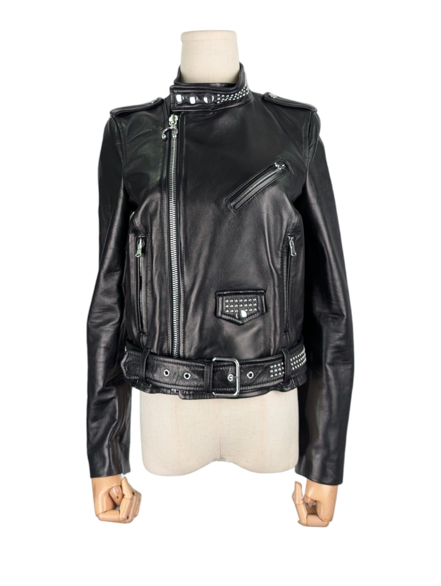 RED Valentino Red Valentino Black Leather Biker Jacket with Silver Collar Size S / US 4 / IT 40 - 1 Thumbnail