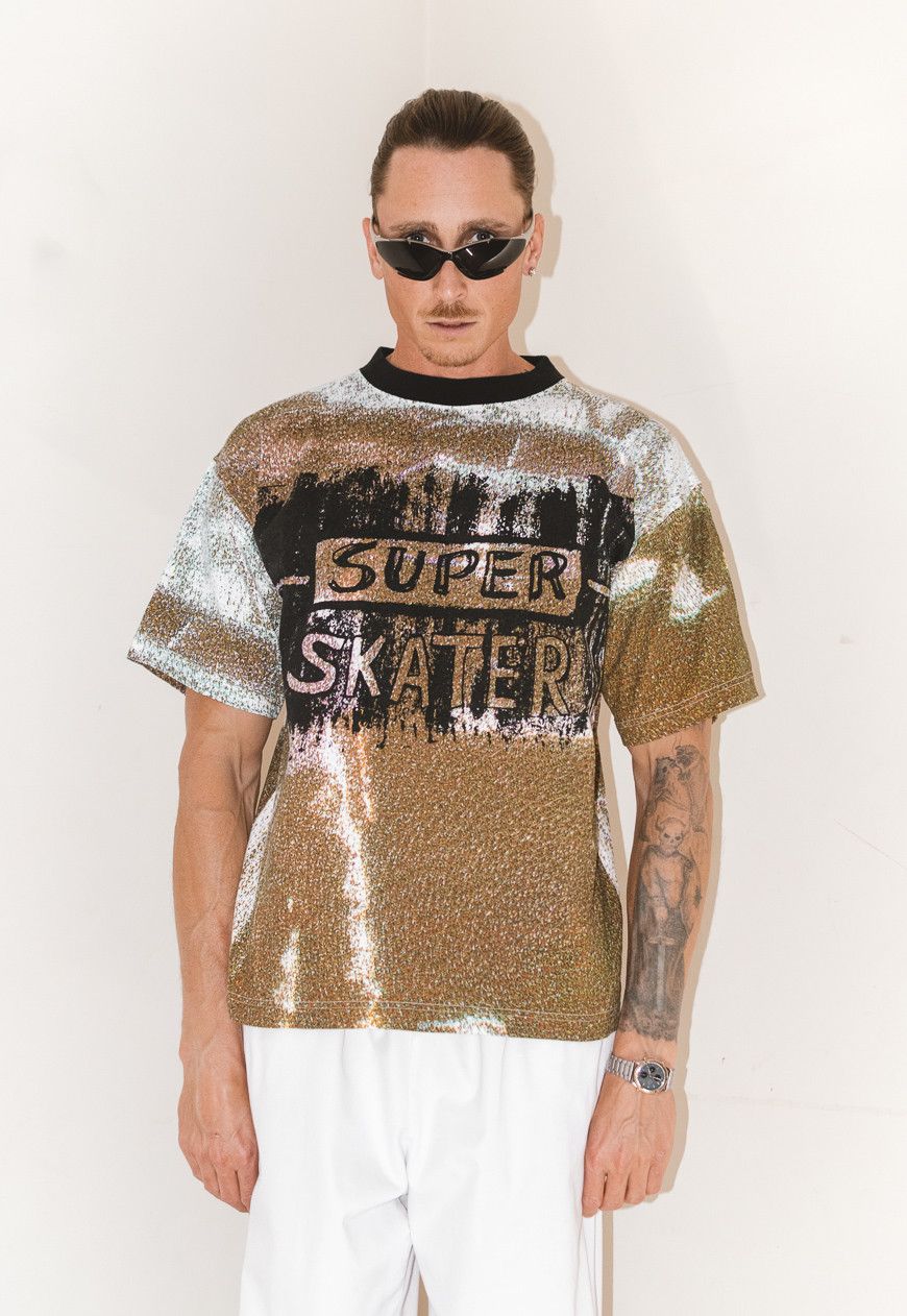 image of Very Vintage 90's Sample Super Skater All-Over Printed Graphic Tee in Beige Brown, Men's (Size Larg