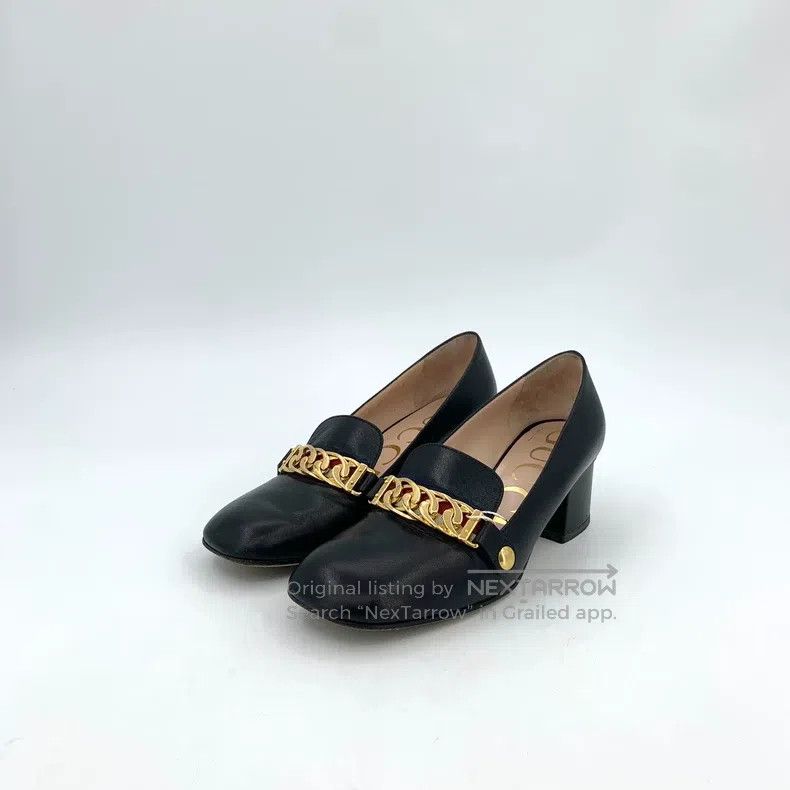 Gucci Gucci Black chain leather square toe thick heel high heels Size US 6 / IT 36 - 1 Thumbnail