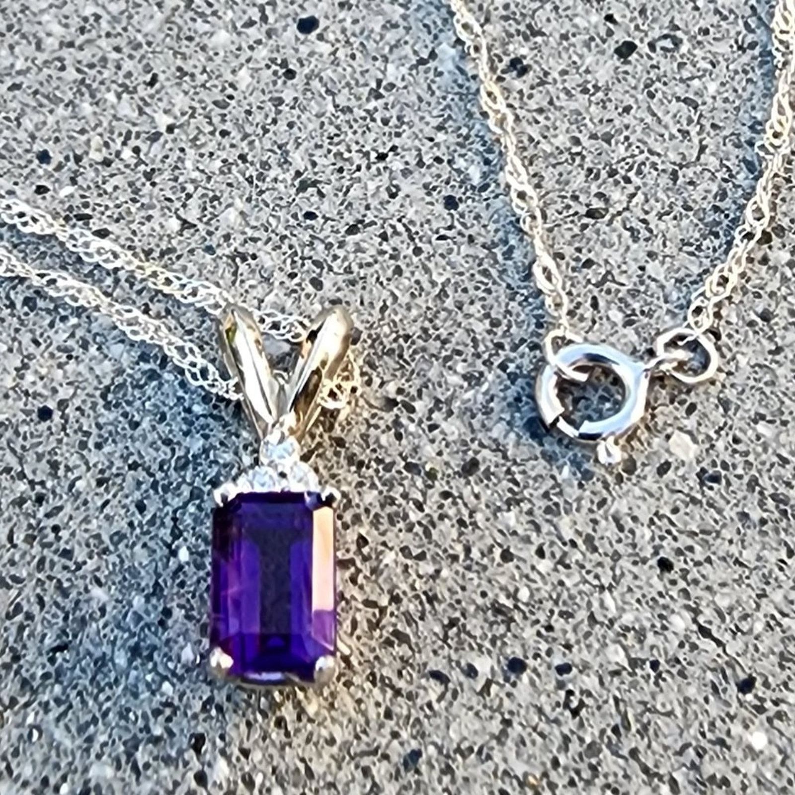 Designer Stamped 14K White Gold Diamond Amethyst Pendant Necklace Size ONE SIZE - 3 Thumbnail