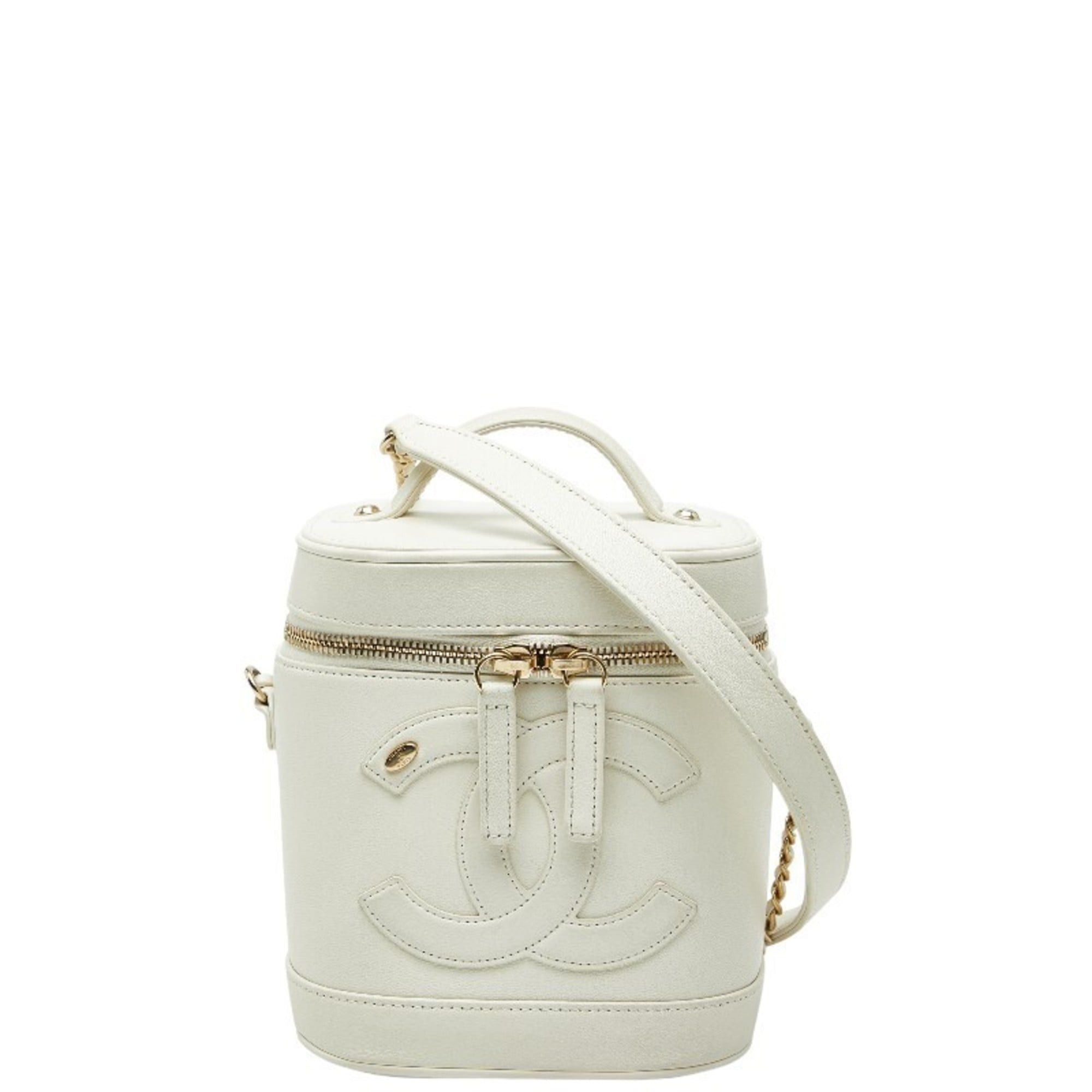 Chanel Coco Mark Vanity Bag Chain Shoulder White Gold Leather Women's CHANEL