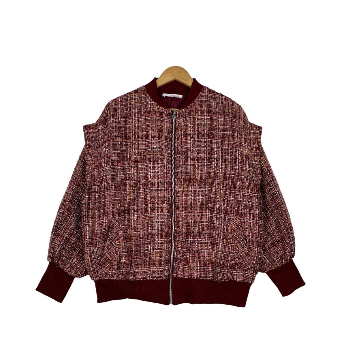 Japanese Brand ELENCARE DUE Red Tweed Bomber Jacket #1113-C51 Size US M / EU 48-50 / 2 - 1 Thumbnail