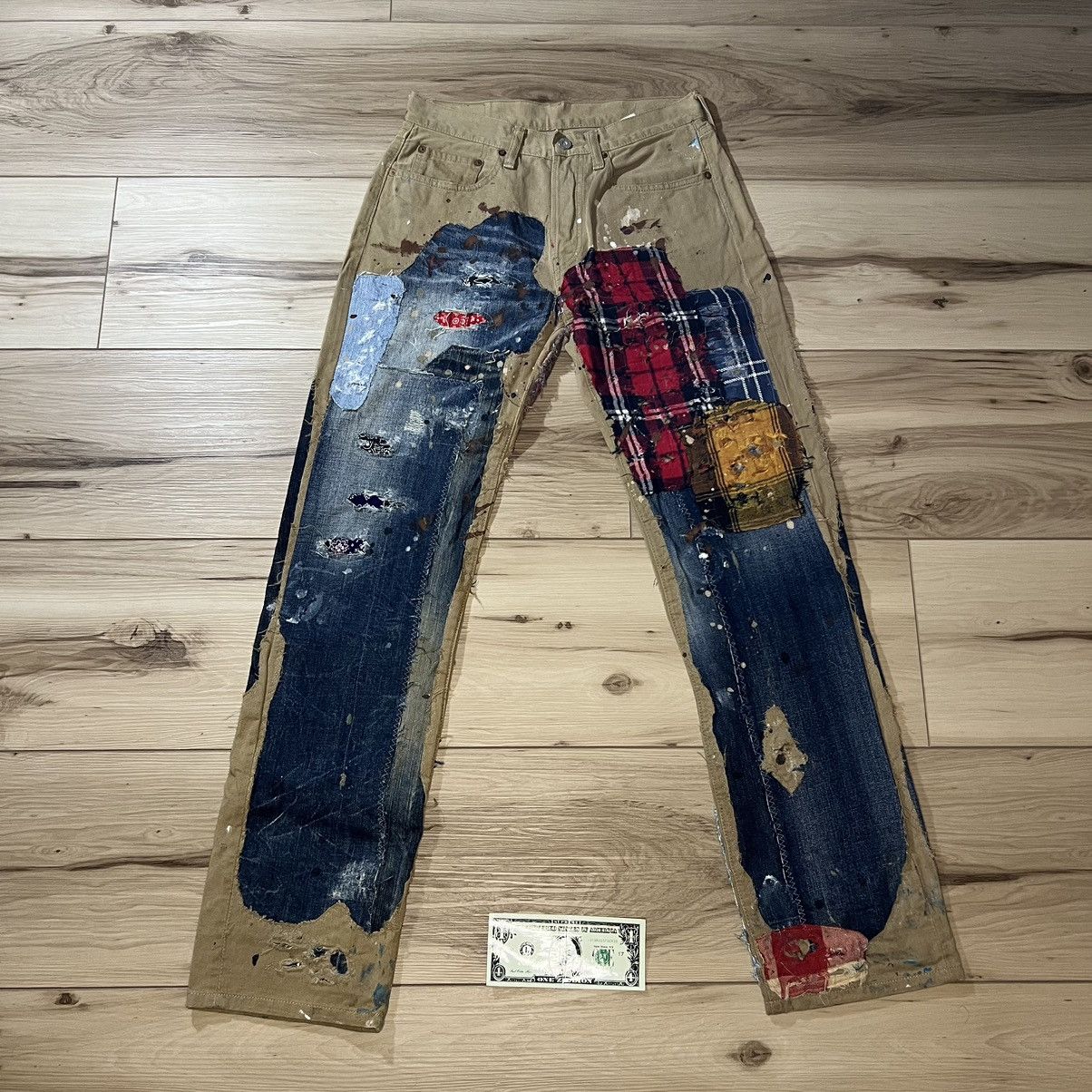 image of Kapital Patchwork Thrashed Paint Splatter Denim Jeans Khaki in Beige, Men's (Size 30)