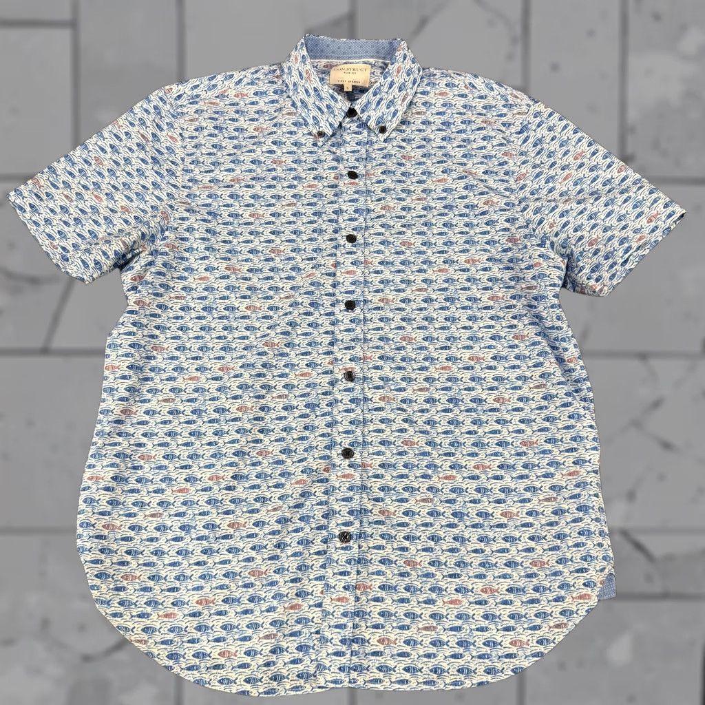Vintage CON.STRUCT Shirt Mens Large Fish Print Button Down Short Sleeve Stretch Size US L / EU 52-54 / 3 - 1 Thumbnail