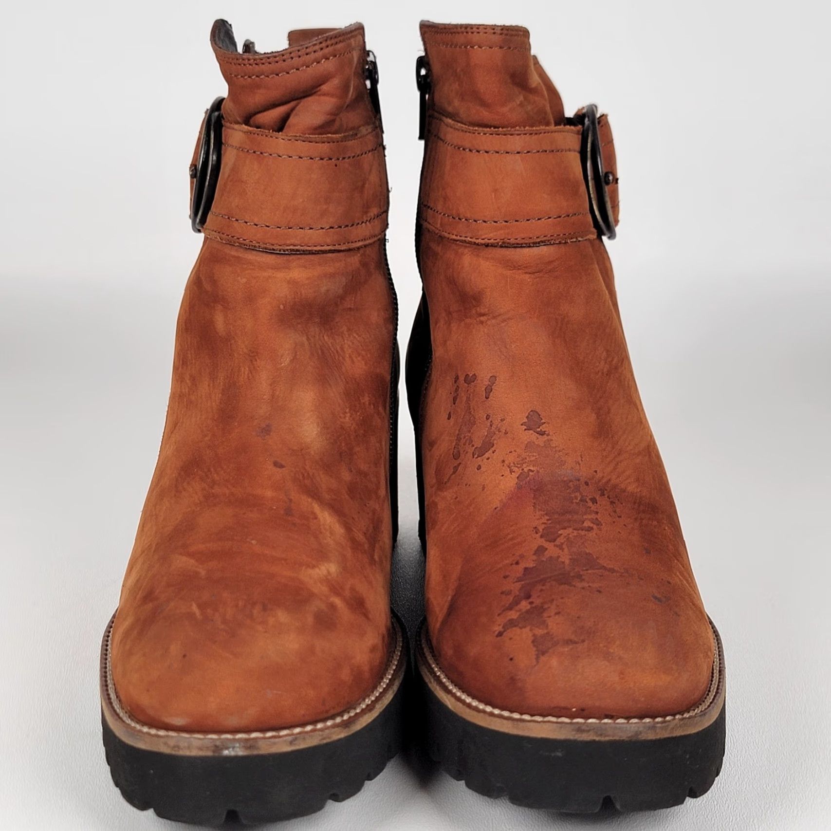 Vintage VINTAGE Paul Green Boots Women’s 8 Brown Leather Short Lug Bootie Zip Buckle Cushioned Insole Round Toe Mid Heel Fall Winter Spring UK 6 US 8 Size 28" / US 6 / IT 42 - 2 Thumbnail