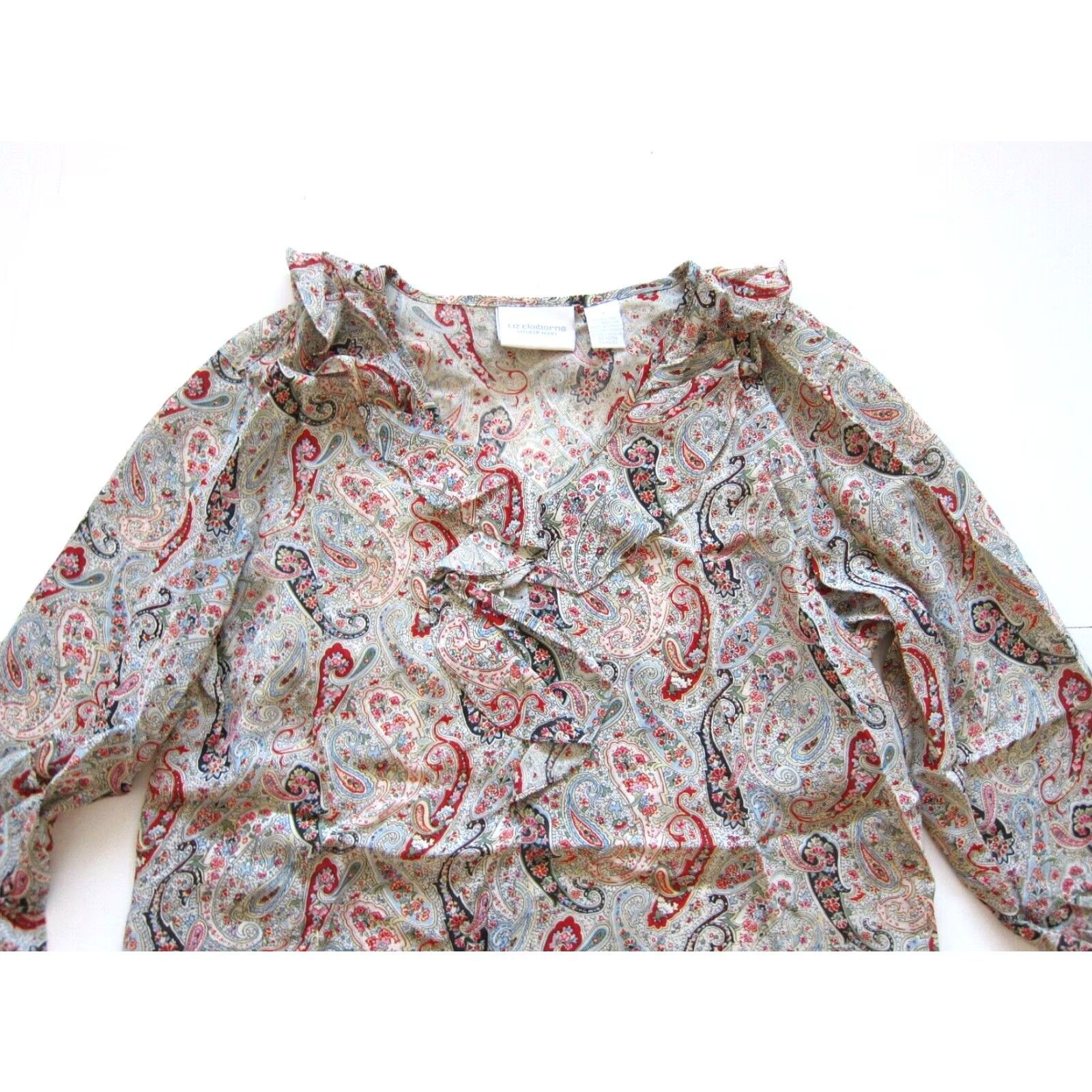 Liz Claiborne Liz Claiborne Blouse 3/4 Sleeve V-Neck Paisley Ruffle 100% Rayon Red Green Blue S Womens Size S / US 4 / IT 40 - 3 Thumbnail