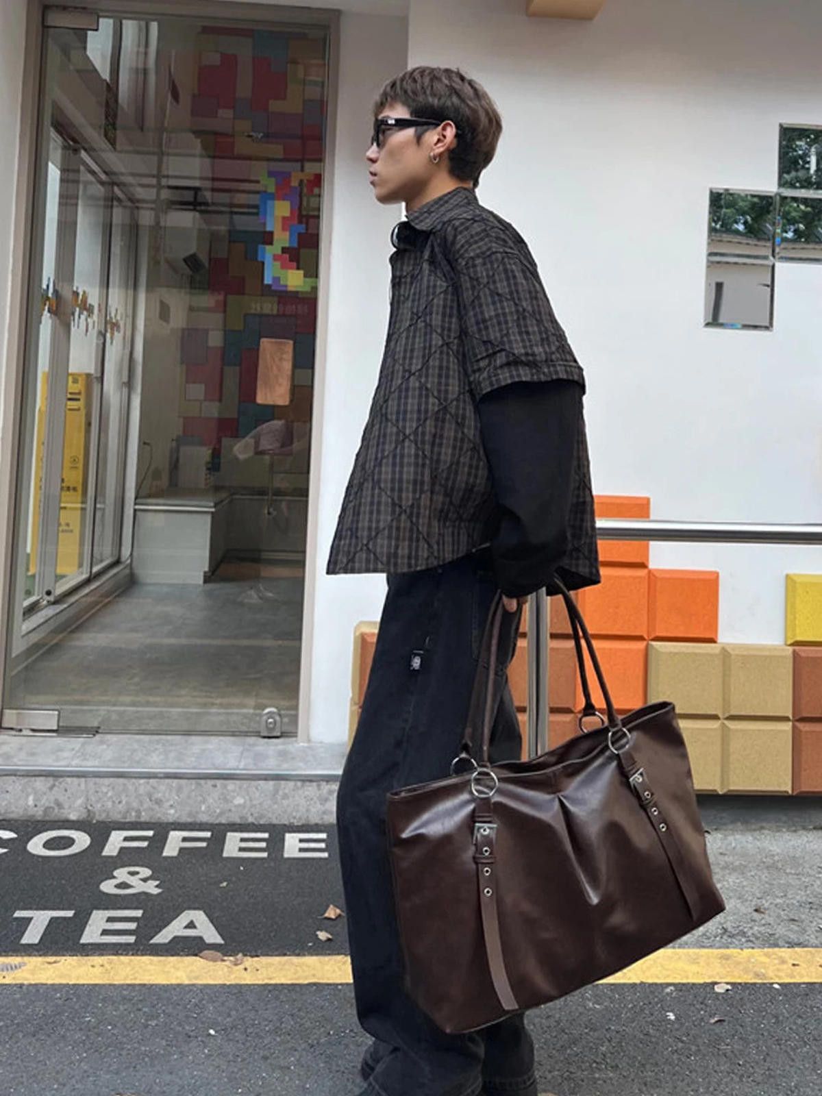 Leather Dark Brown Large Leather Tote Bag, Oversized Shoulder Bag Size ONE SIZE - 3 Thumbnail