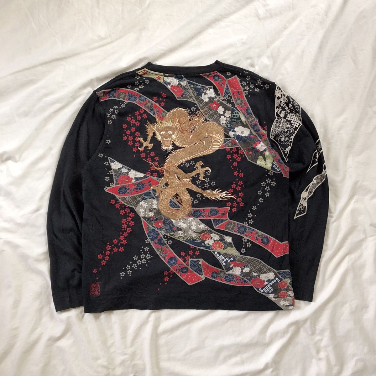 Japanese Brand KARA KURI Tamashi Gold Embroidery Dragon Longsleeve Shirt Size US XL / EU 56 / 4 - 1 Thumbnail