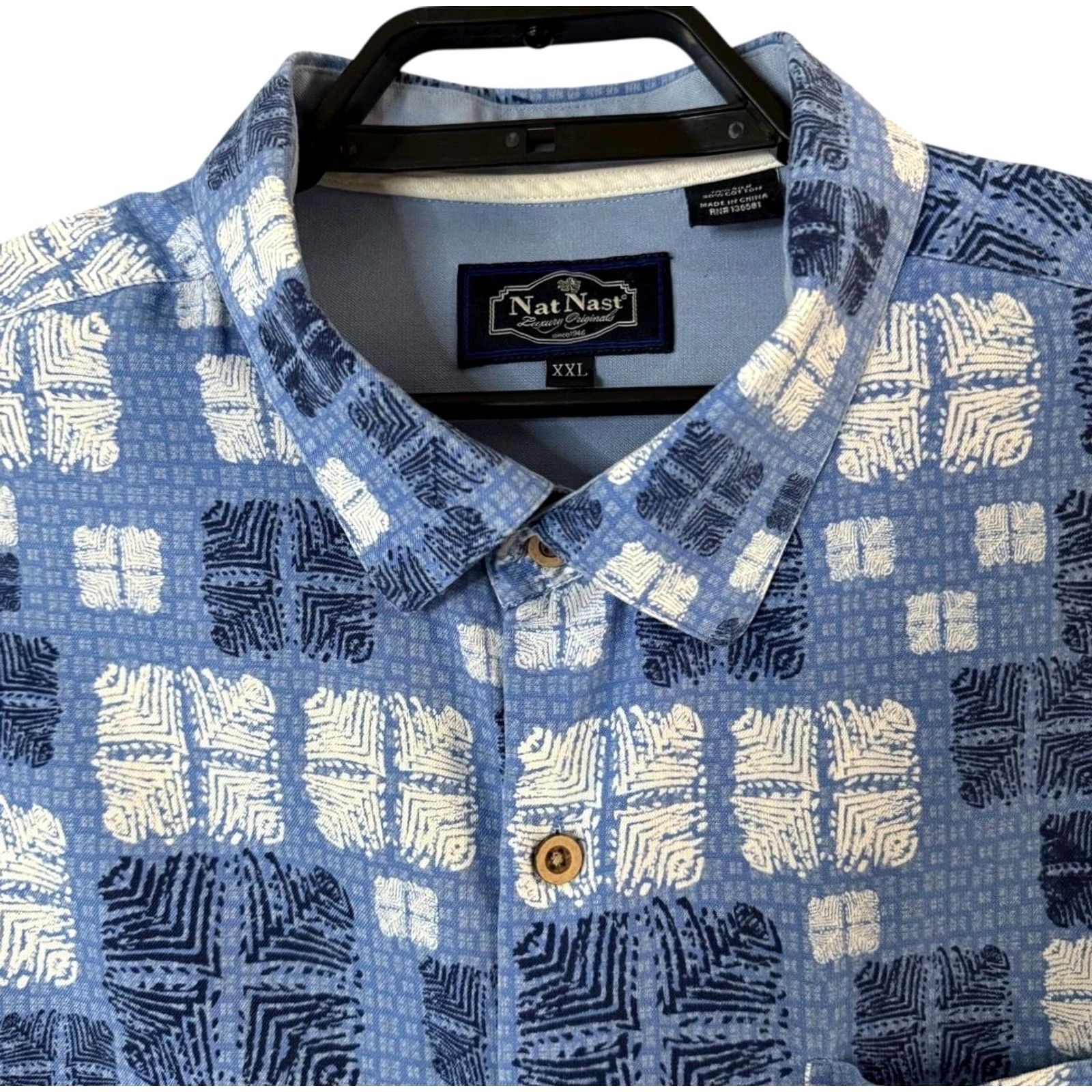 Nat Nast VINTAGE Nat Nast Luxury Originals Silk Button-Up Shirt Blue Hawaiian Geometric Shirt Mens XXL Geometric Beach Preppy Button-Up Size US XXL / EU 58 / 5 - 5 Thumbnail