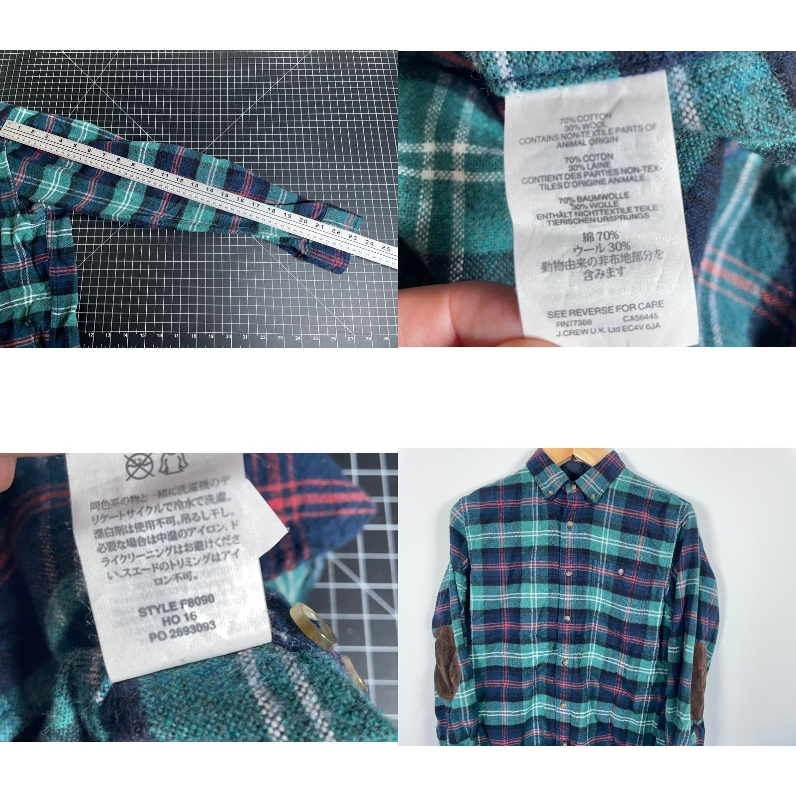 J.Crew VINTAGE J.CREW Wool Blend Flannel Shirt Men's Medium Green Plaid Suede Elbow Patches Size US M / EU 48-50 / 2 - 8 Thumbnail