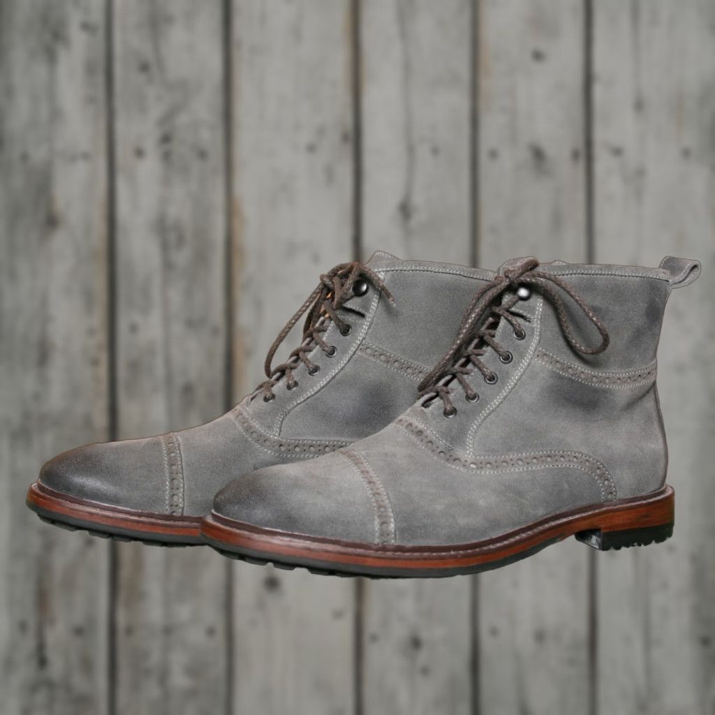 Vintage MARTIN DINGMAN Everett Gray Burnished Suede Brogue Cap Toe Boots Sz. 8.5 M Mens Dress Shoes Size ONE SIZE - 1 Thumbnail