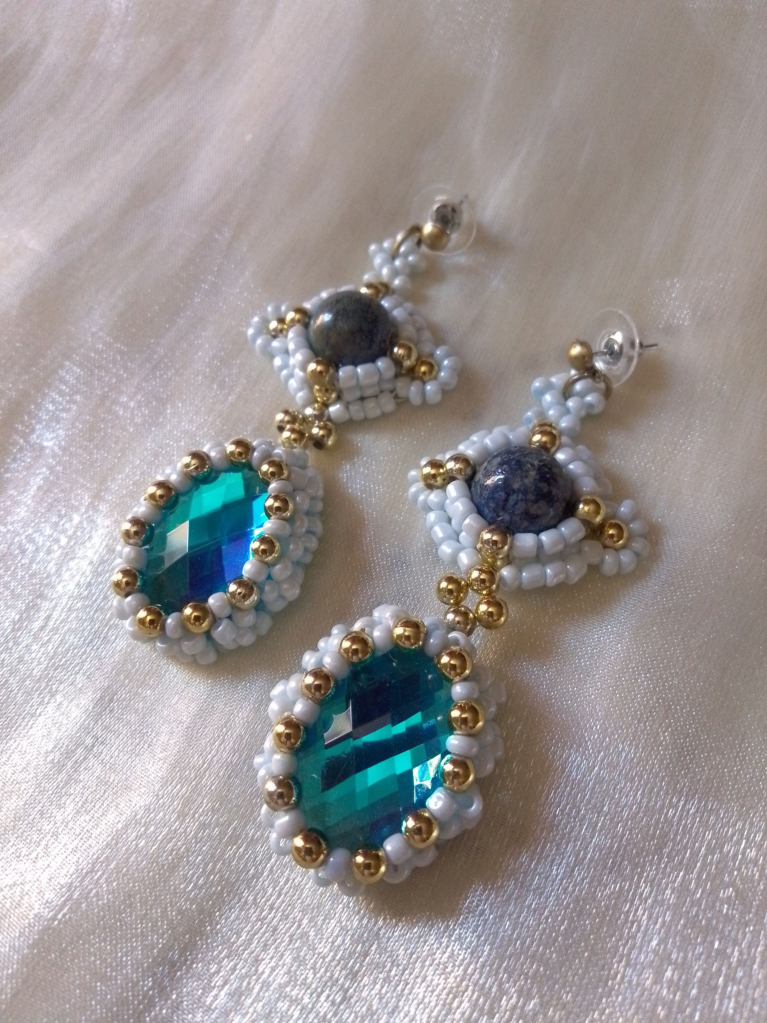 Handmade Earrings Zircon hard Lapis Lazuli gemstones Vintage style Size ONE SIZE - 9 Thumbnail