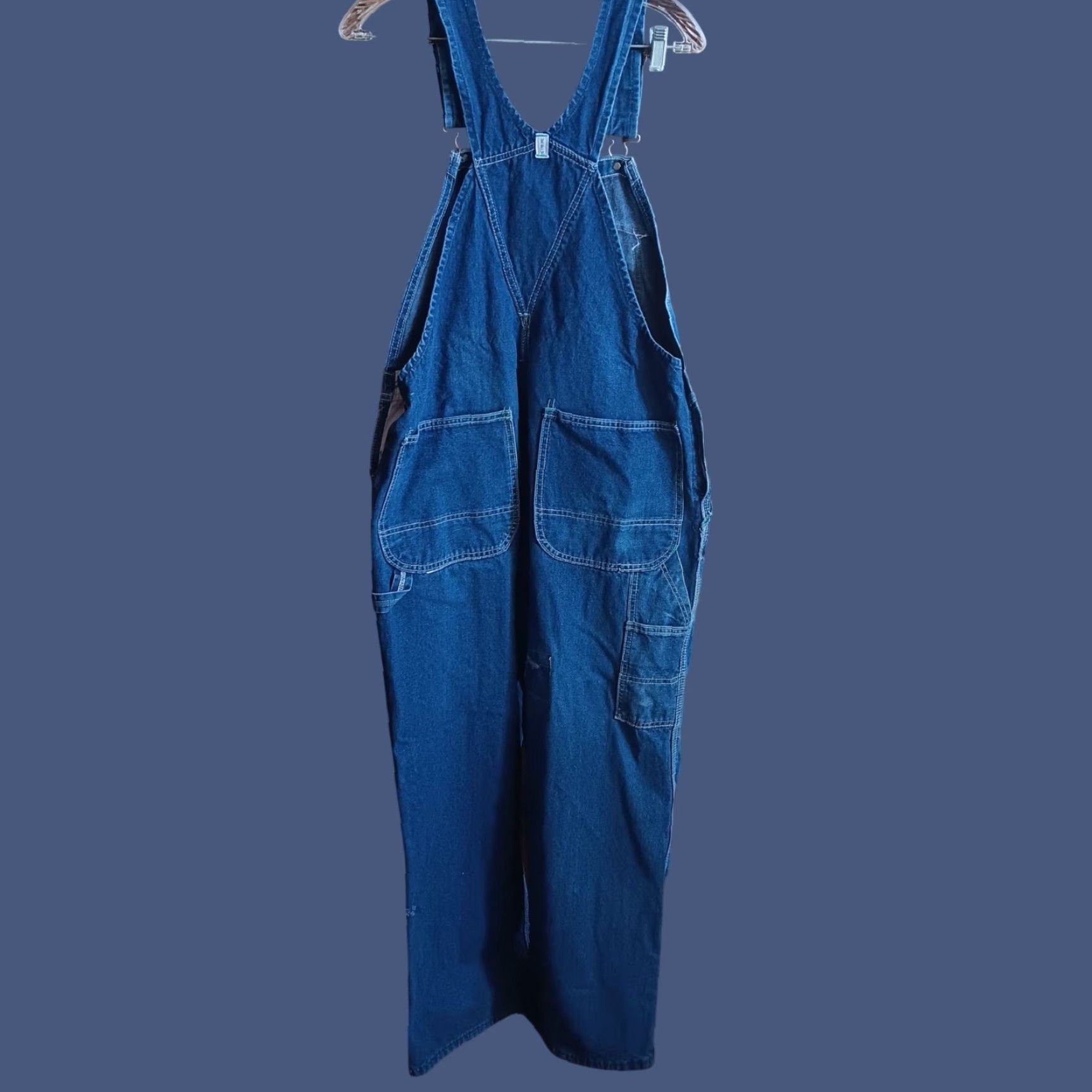 VINTAGE Key Denim Overalls 38x30 Jeans Work Mens 5-Pocket Blue Cotton USA Repaired Patch Stitches 1980s