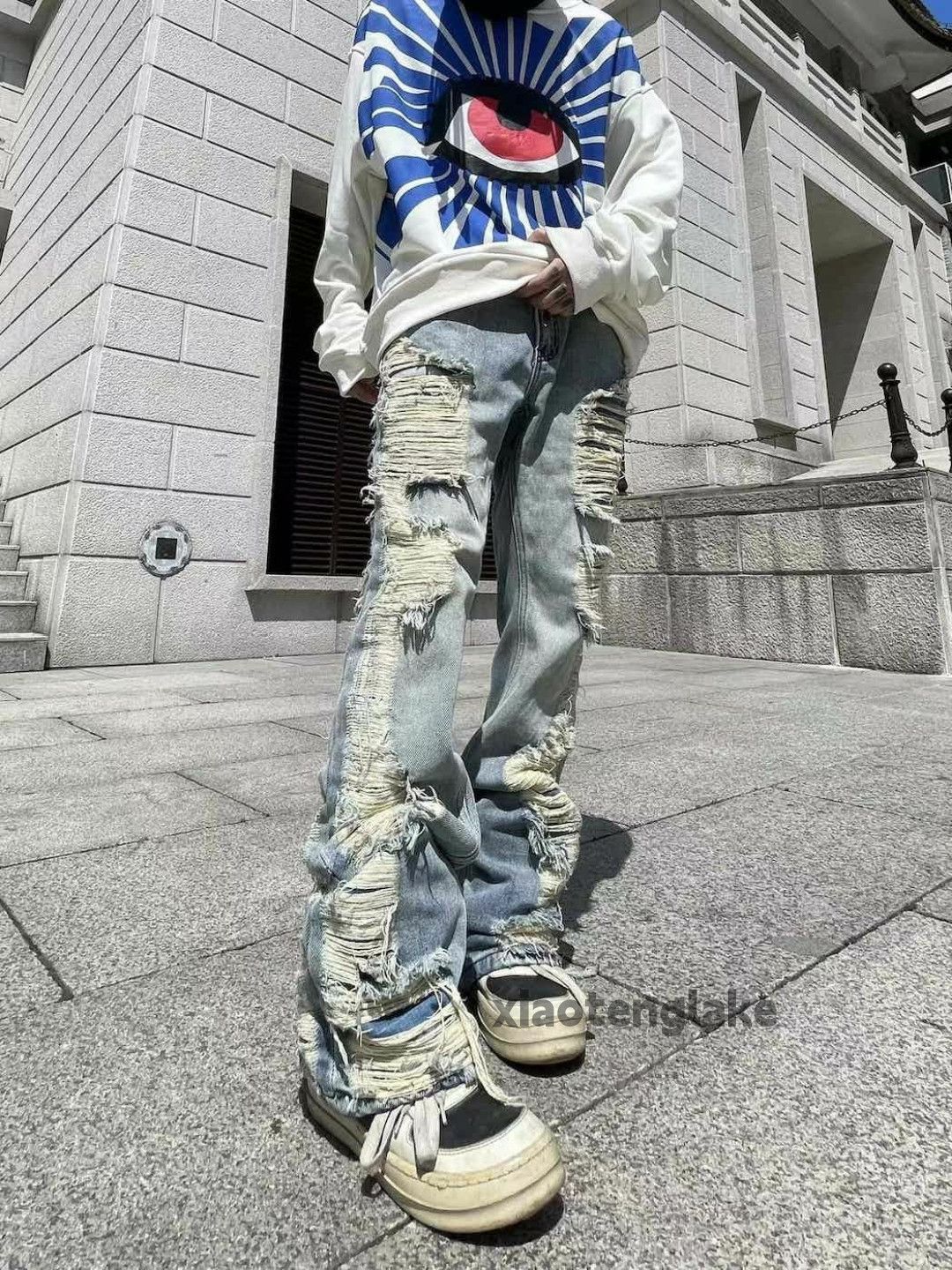 Jean × Vintage washed faded damaged ripped punk grunge flared jeans Size US 30 / EU 46 - 2 Thumbnail