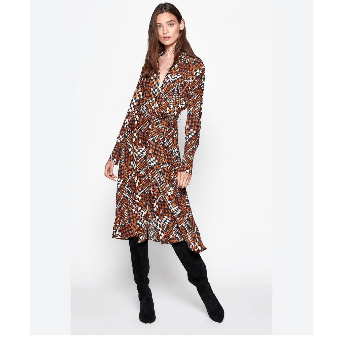 Equipment Equipment Relle Houndstooth Silk Midi Dress orange blue Size S / US 4 / IT 40 - 12 Thumbnail