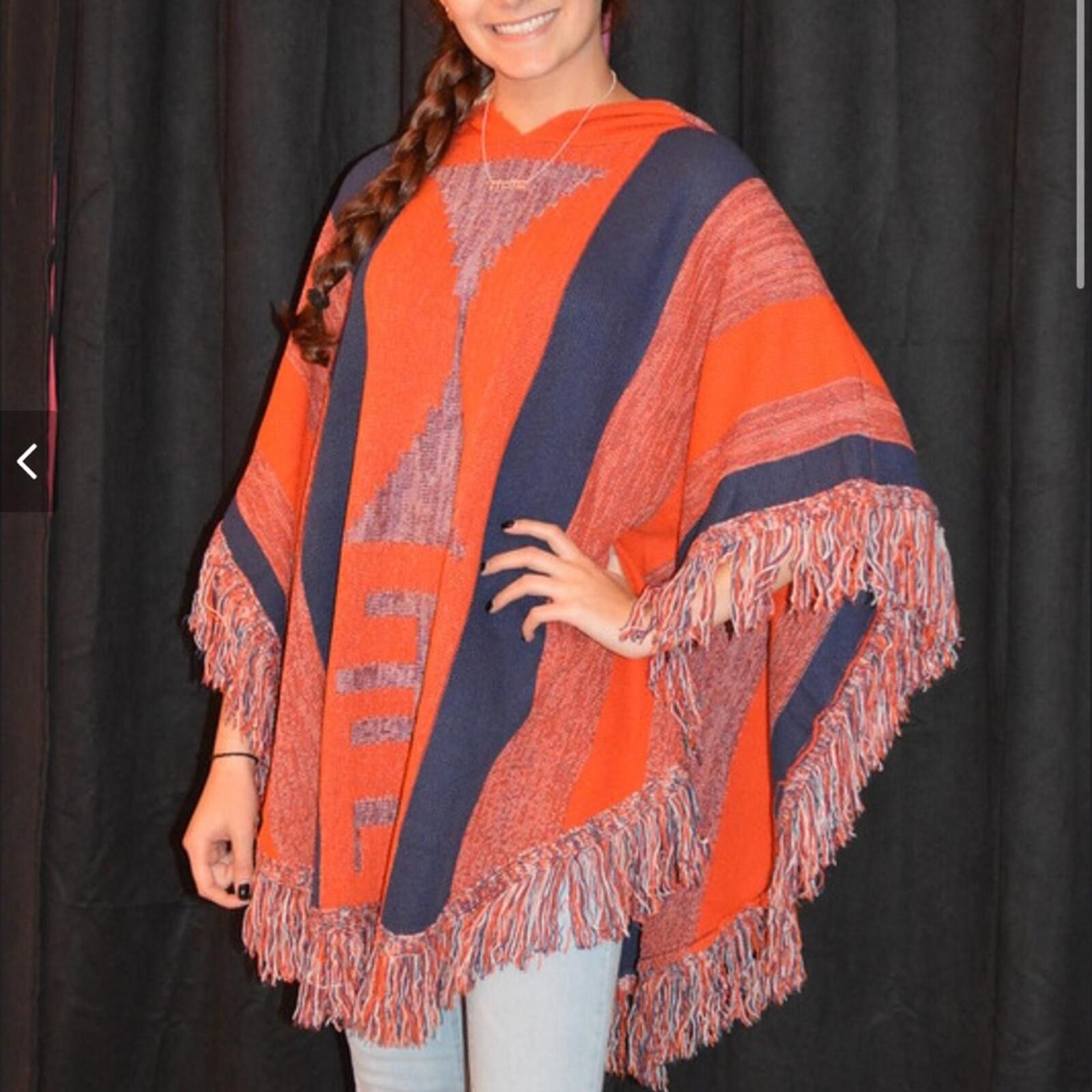 Other Vintage Havana Orange and Navy Fringe Poncho Sweater Size M / US 6-8 / IT 42-44 - 1 Thumbnail