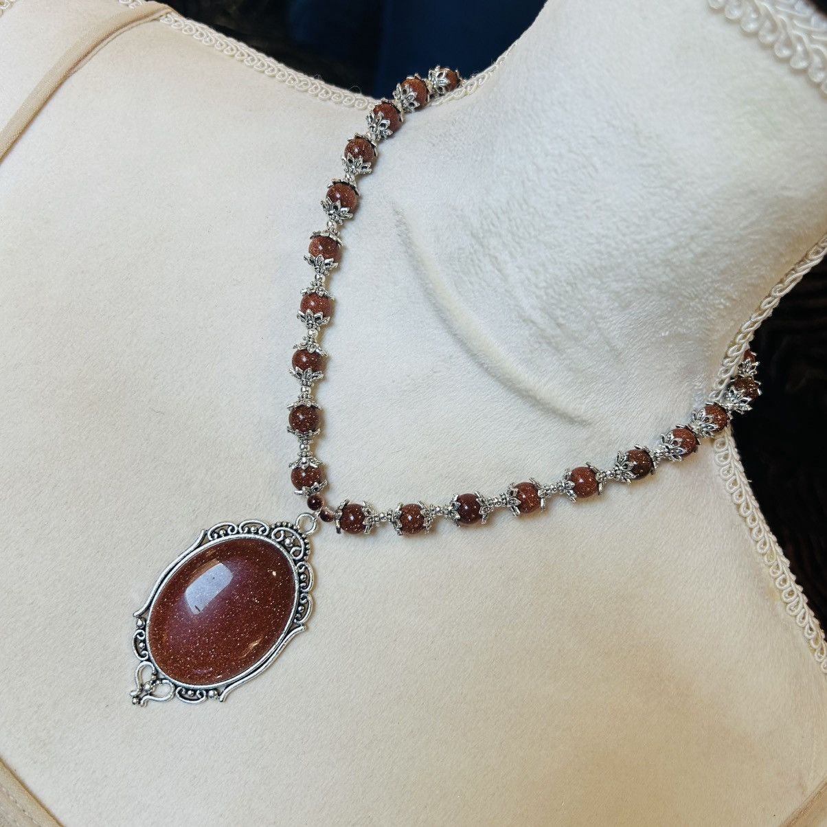 Handmade Handcrafted elegant goldstone cameo framed bead necklace Size ONE SIZE - 1 Thumbnail