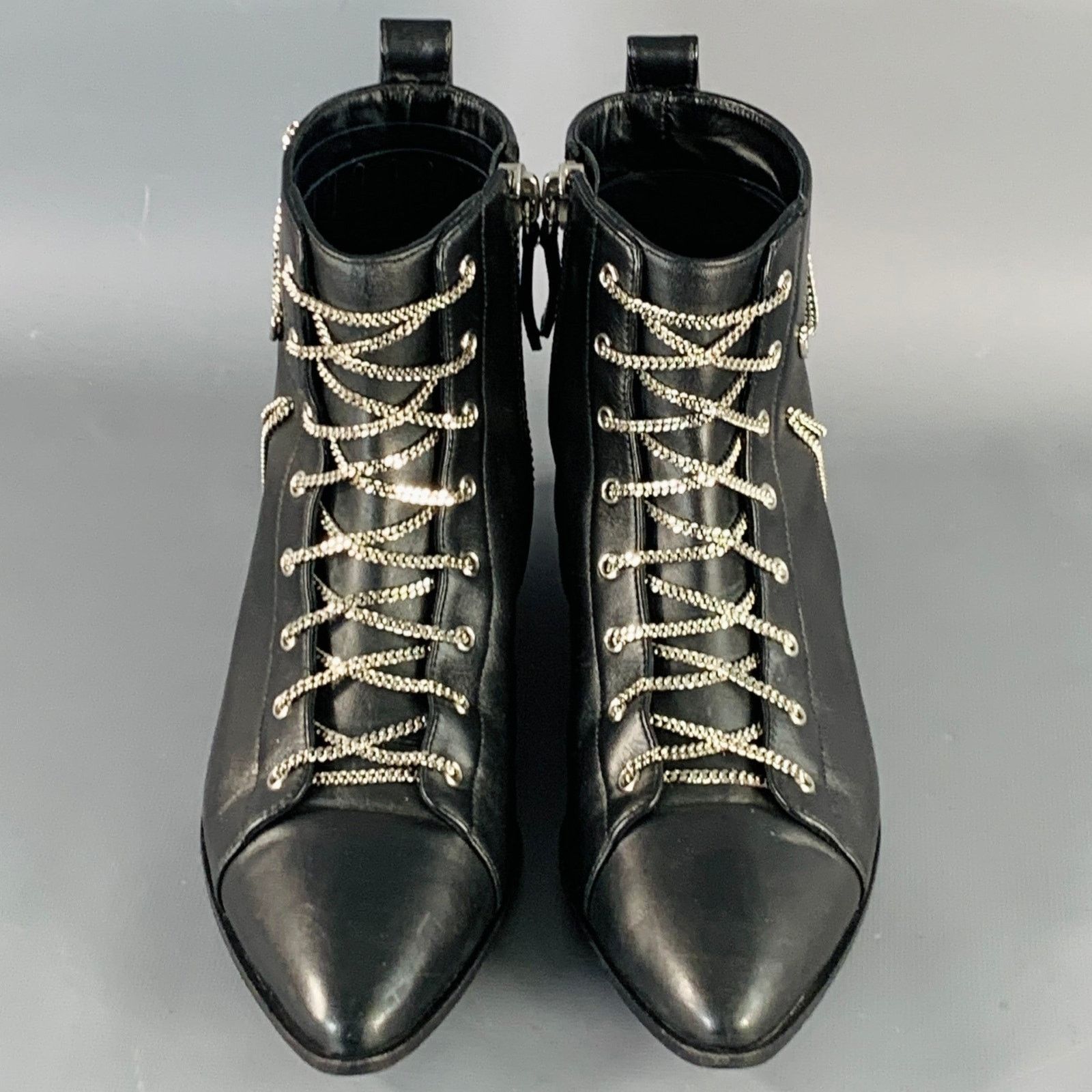 Giuseppe Zanotti GIUSEPPE ZANOTTI Black Leather Chain Side Zipper Ankle Boots Size US 5 / IT 35 - 4 Thumbnail