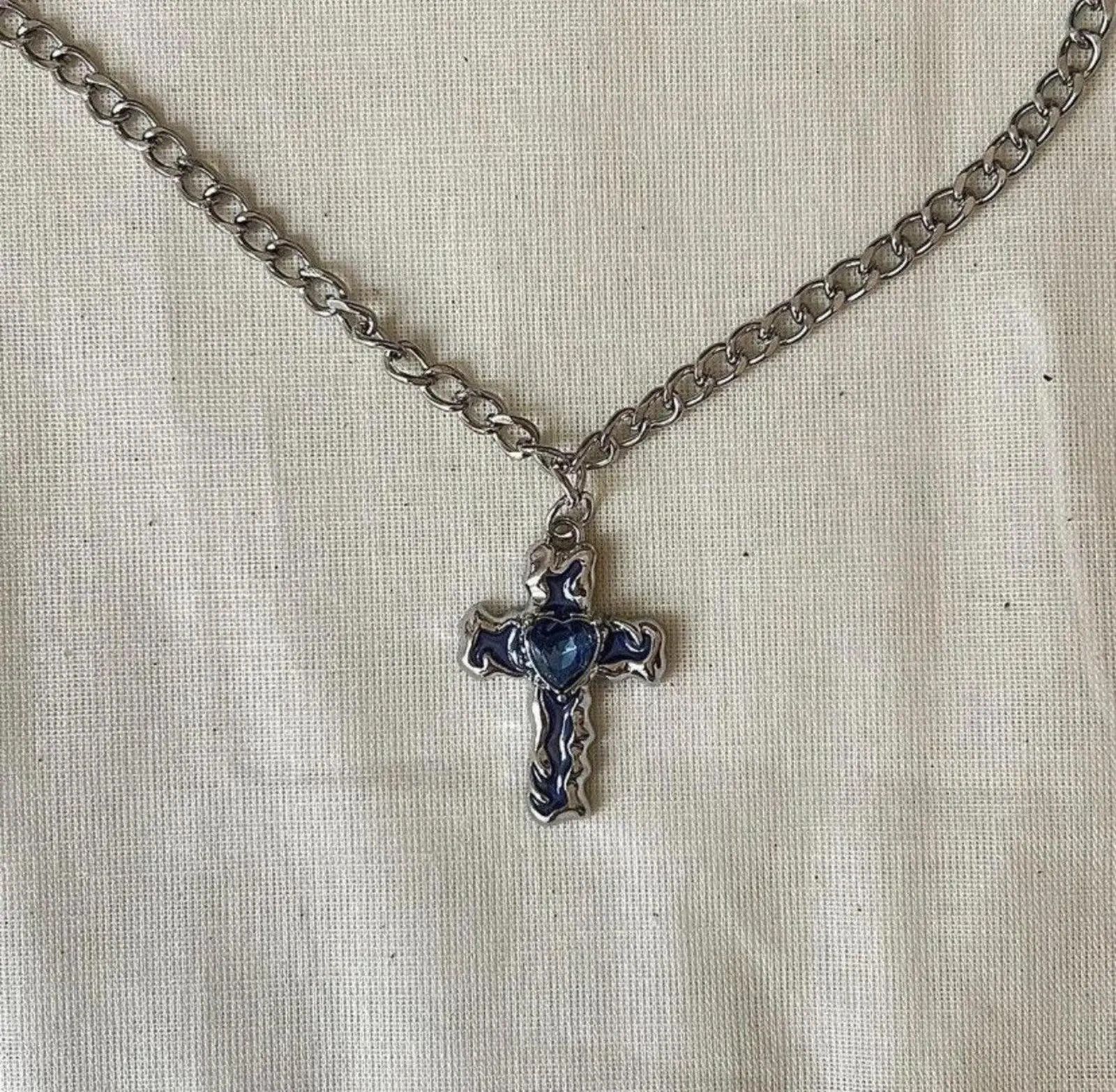 Other Silver Cross Necklace with Blue Heart Stone Size ONE SIZE - 3 Thumbnail