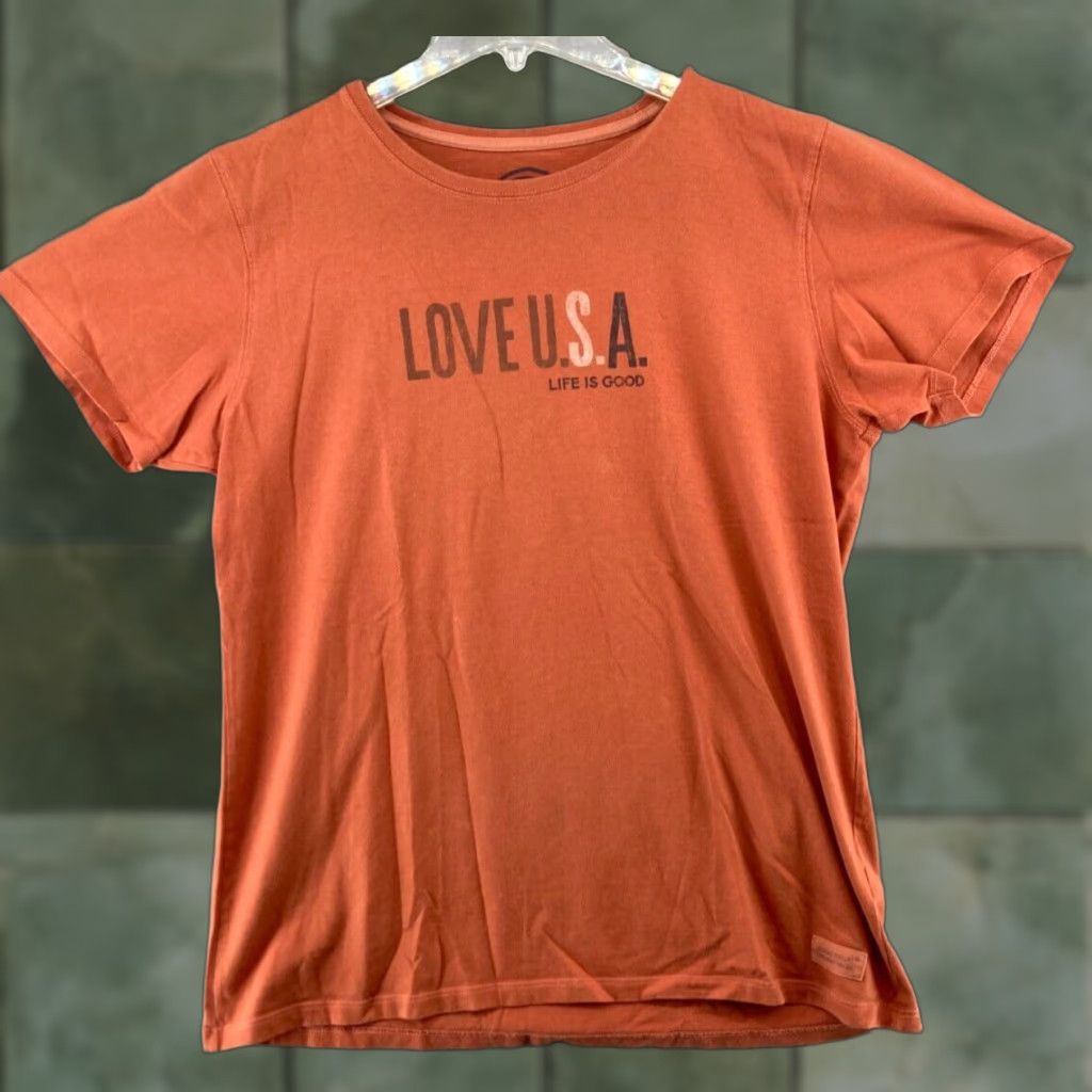 Life is Good Life is Good Graphic Tee Love USA Womens Large Orange V-Neck T-Shirt Casual Patriotic Size L / US 10 / IT 46 - 1 Thumbnail