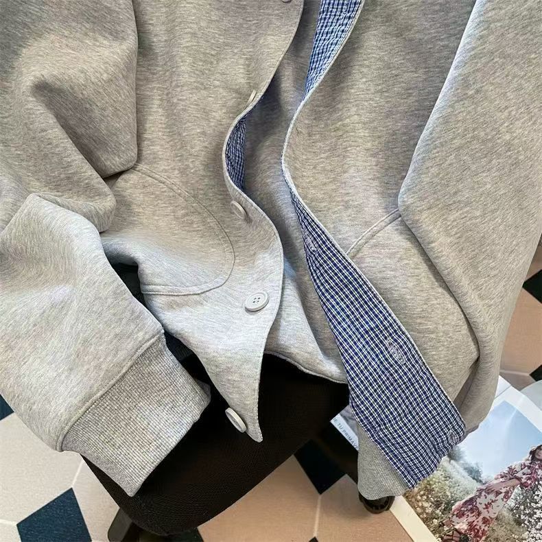 Vintage Heather Grey Cardigan Jacket with Gingham Placket Size US M / EU 48-50 / 2 - 3 Thumbnail