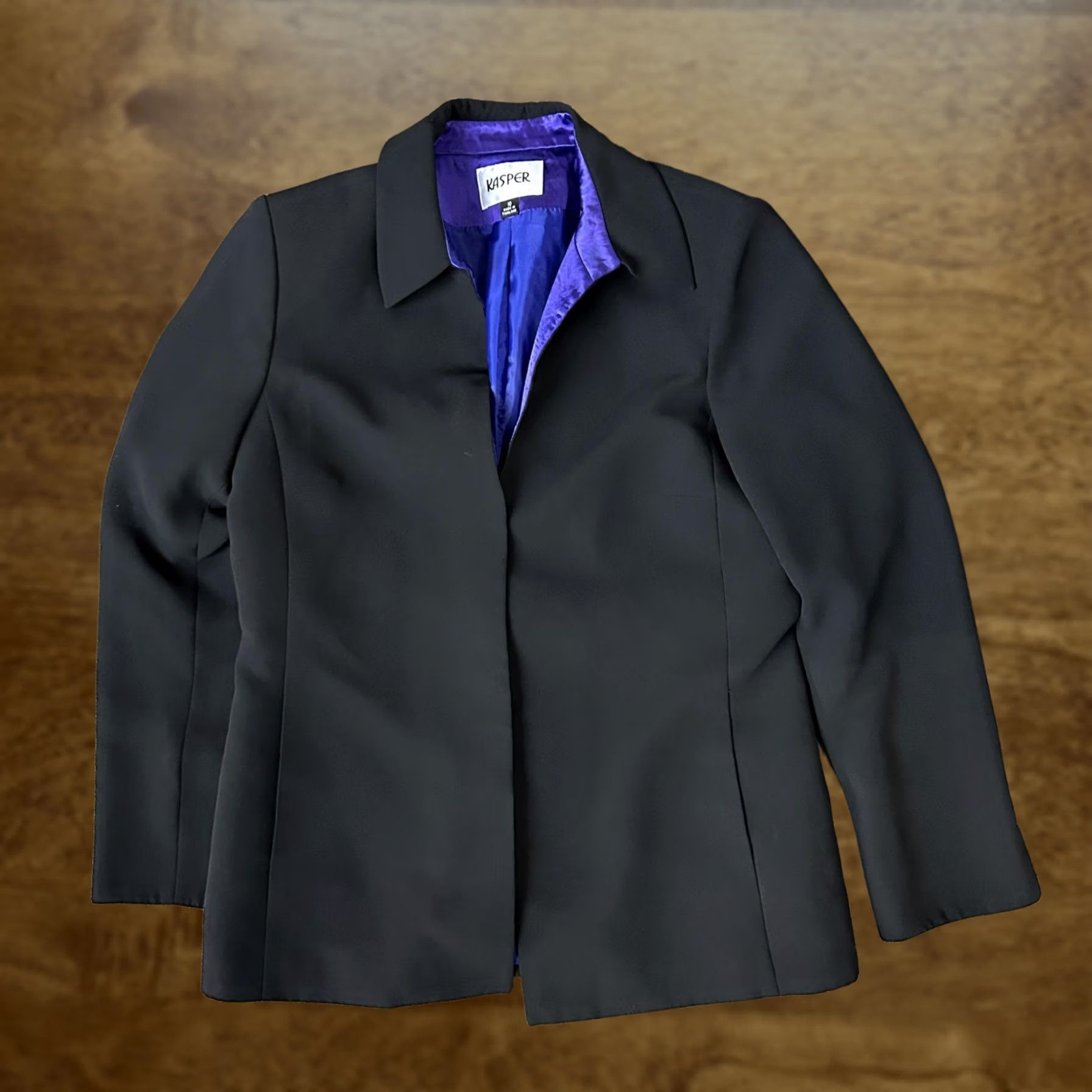 Kasper Kasper Blazer Jacket Womens 10 Black Lined Purple Satin Work Office Career Size L / US 10 / IT 46 - 1 Thumbnail
