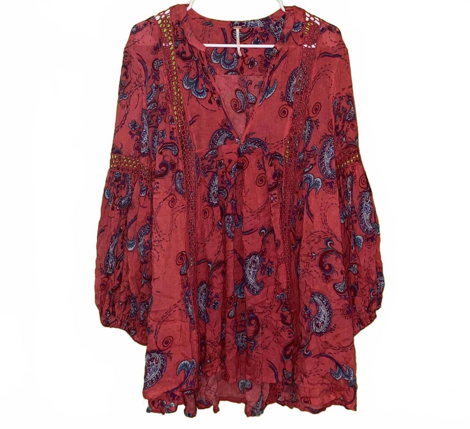 Free People Free People Red Floral Long Sleeves Top S Size S / US 4 / IT 40 - 1 Thumbnail
