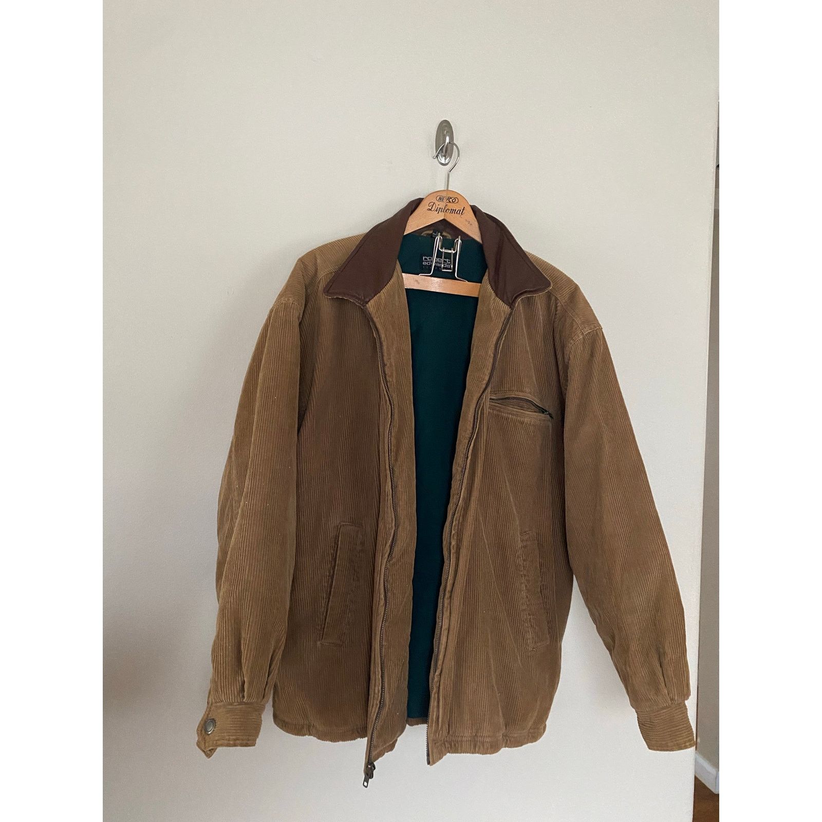 Vtg corduroy zip insulated coat leather collar L warm trendy