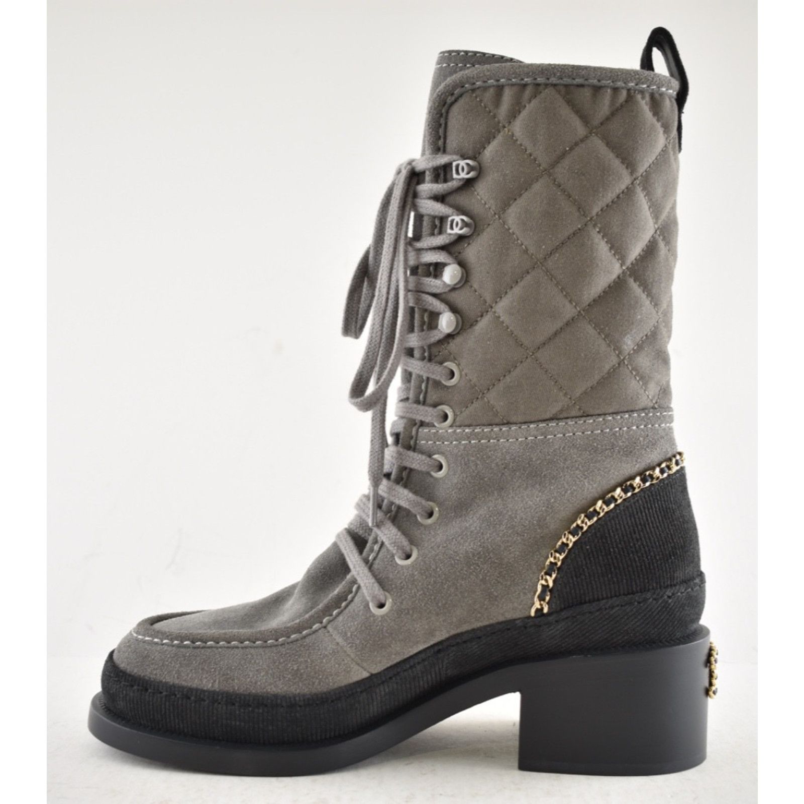 Chanel Chanel 24K Grey Quilted Suede Chain CC Combat Boots 36 Size US 6 / IT 36 - 11 Thumbnail