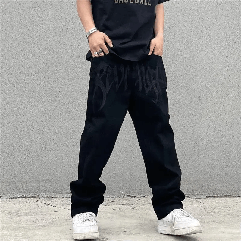Japanese Brand Retro Black Embroidered Letter Jeans Size US 30 / EU 46 - 2 Thumbnail