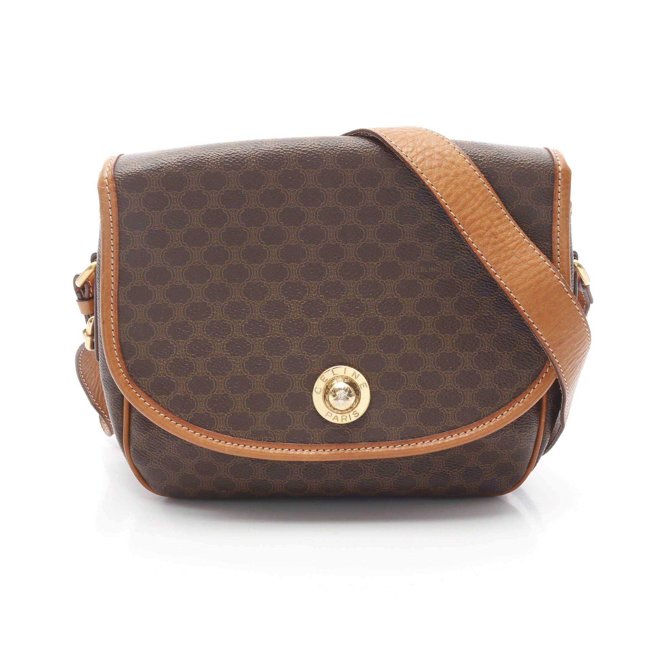 Celine Macadam Shoulder Bag Leather Brown Dark in Black, Women's