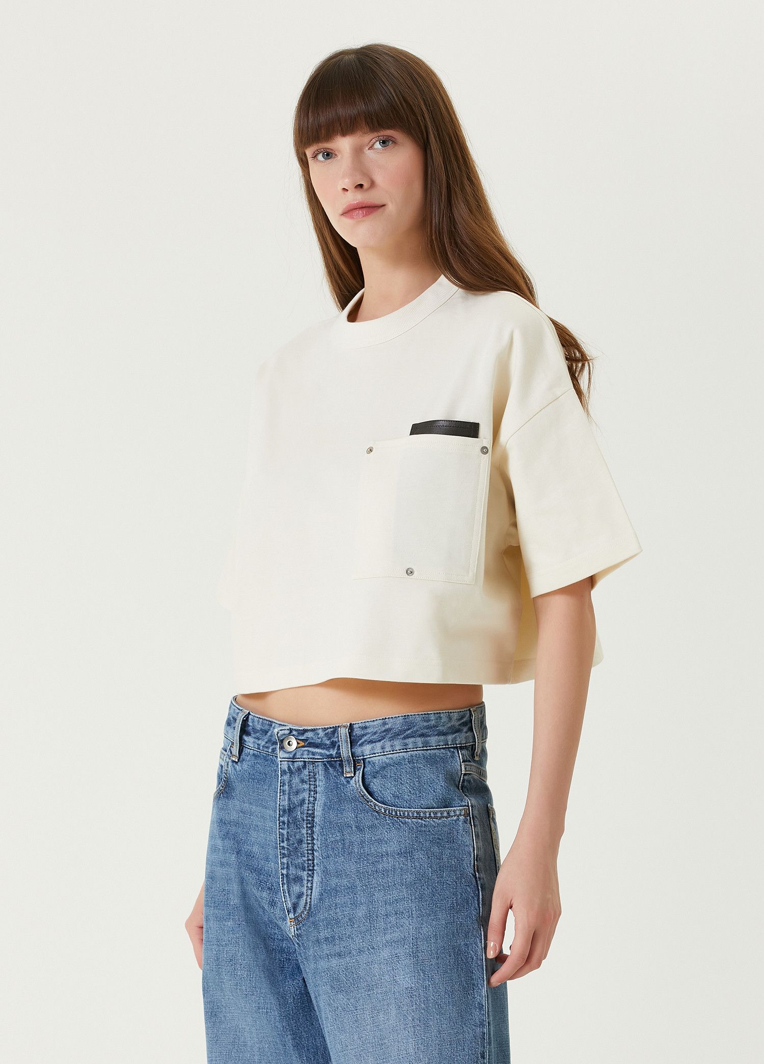 Bottega Veneta BOTTEGA VENETA cream Japanese jersey oversize crop t-shirt q Size L / US 10 / IT 46 - 3 Thumbnail