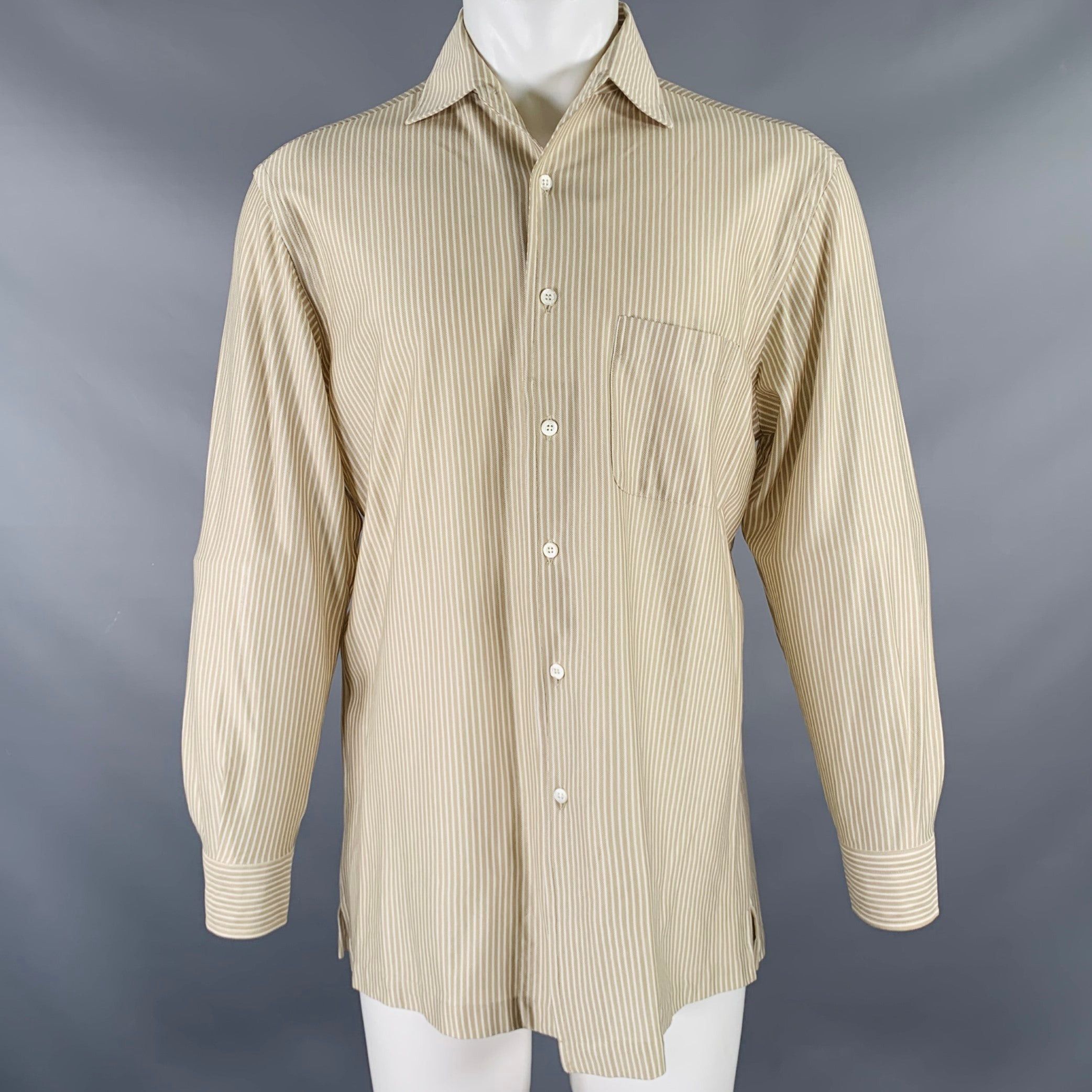 image of Brioni Taupe White Stripe Cotton Button Up Long Sleeve Shirt, Men's (Size Medium)