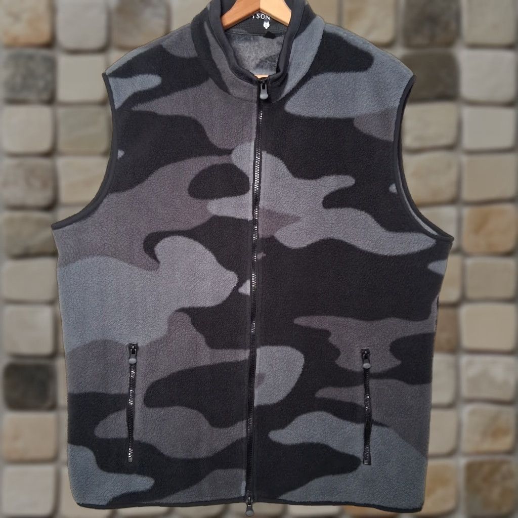 Greyson Fleece Vest Men L Gray Camouflage Deep Pile Zip Up Mock Neck Jacket Vest - Camouflage Mens