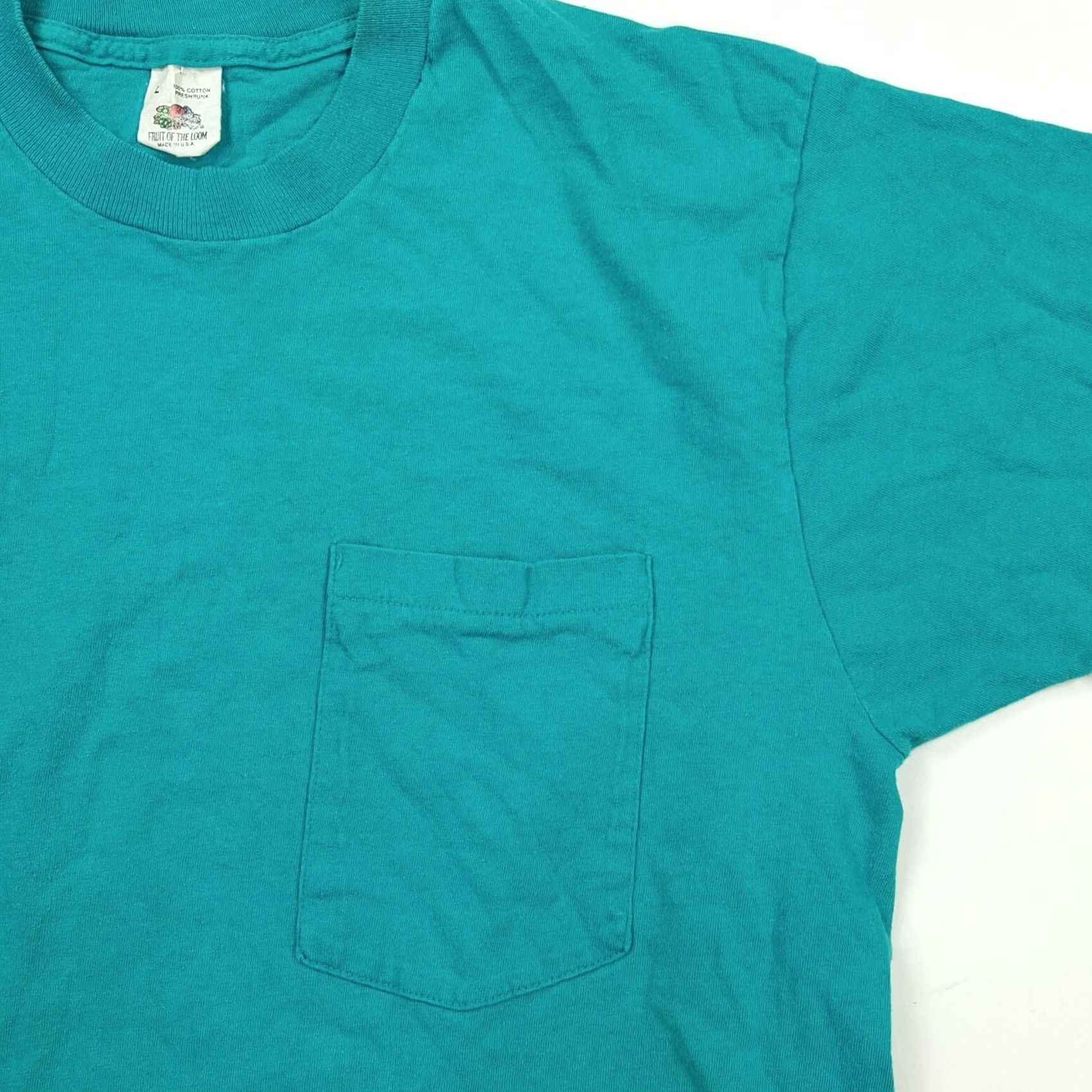 Fruit Of The Loom VINTAGE Fruit of the Loom T-Shirt Teal Pocket Selvedge 80s 90s Rock Punk Grunge Graphic Print Crew Neck Mens S Blue USA Made Size US S / EU 44-46 / 1 - 3 Thumbnail