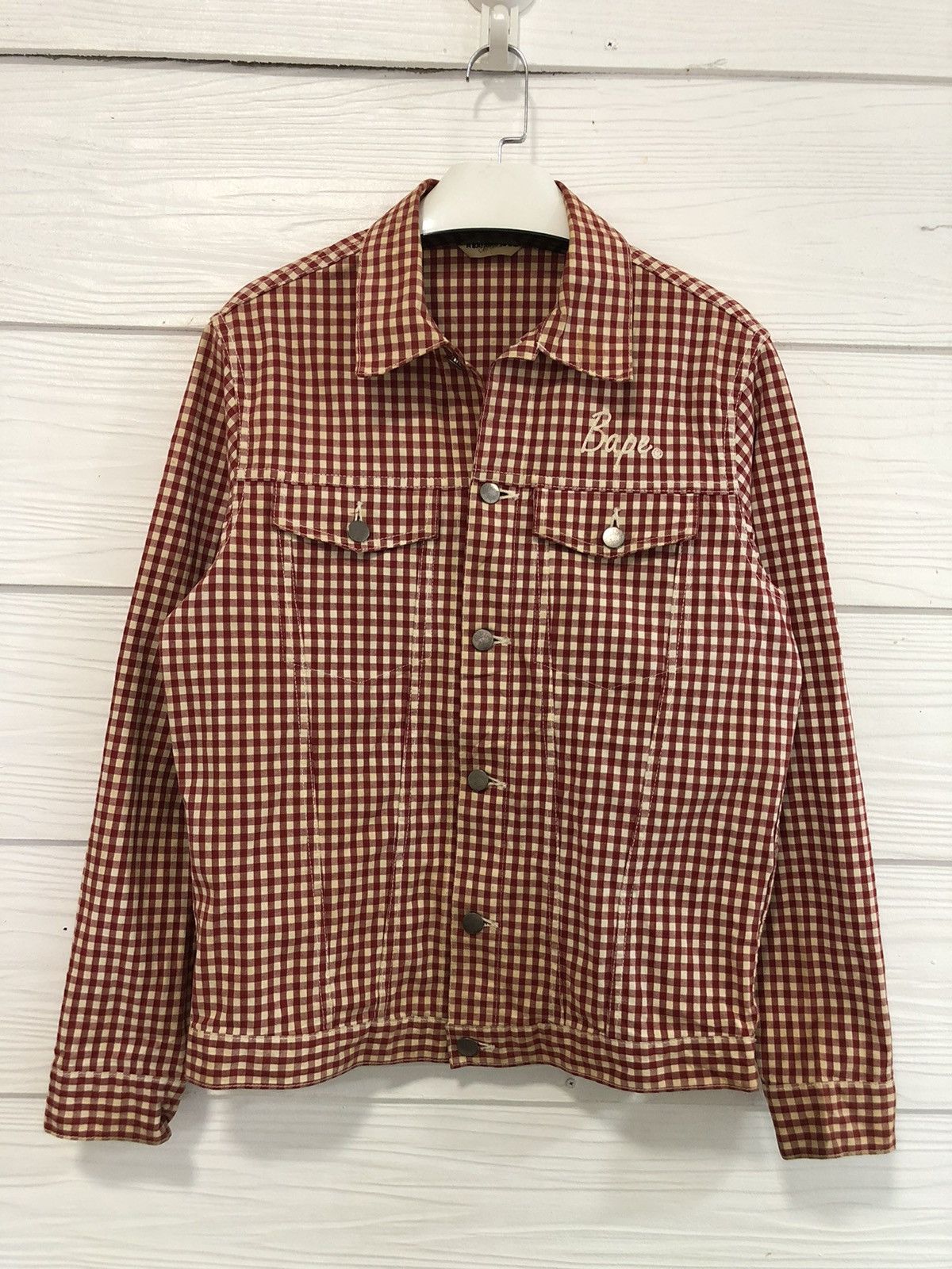 image of Bape A Bathing Ape Gingham Check Trucker Jacket in Red, Men's (Size Medium)