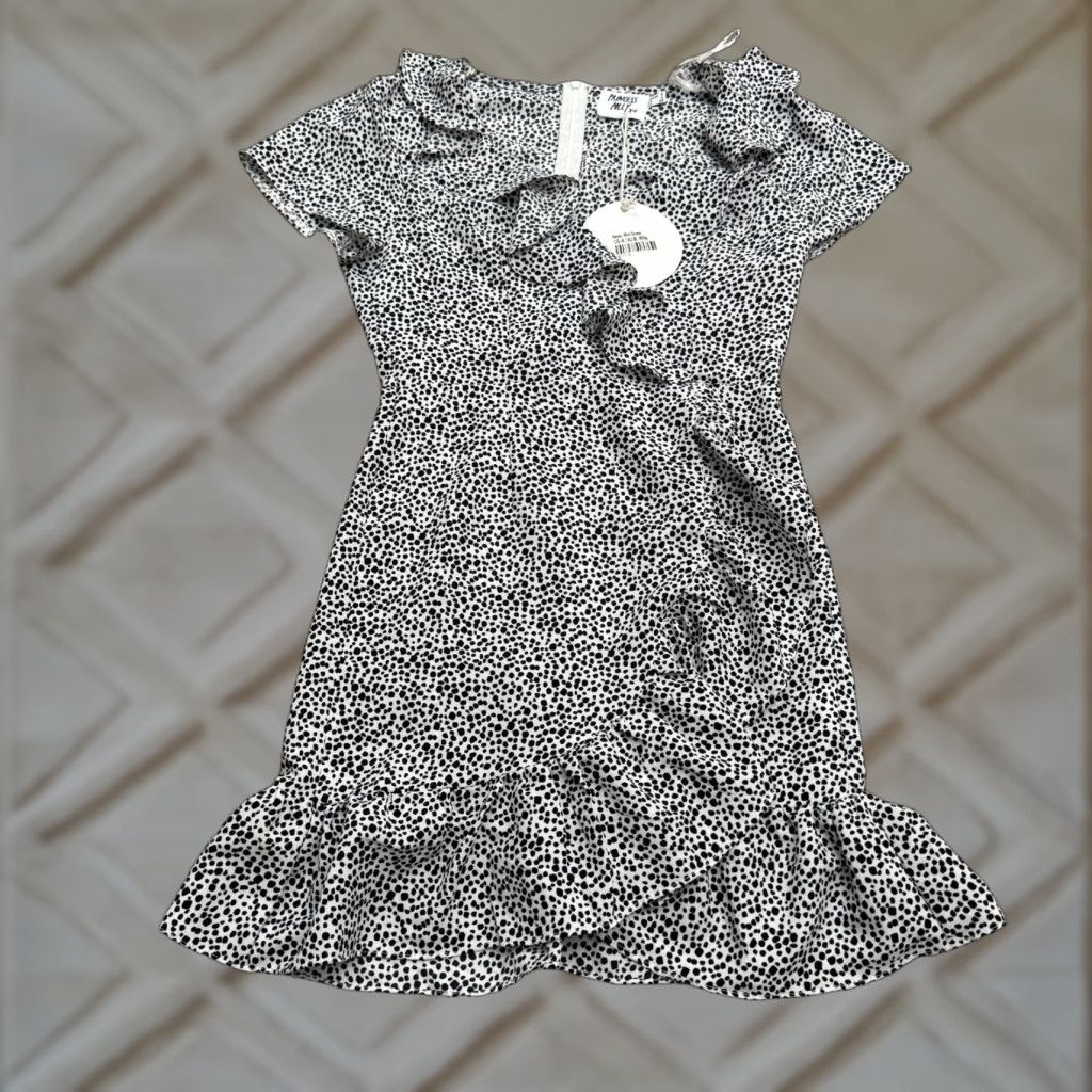 PRINCESS POLLY Princess Polly Rezar Ruffle Mini Wrap Dress Womens 4 Black White Polka NWT New Size S / US 4 / IT 40 - 1 Thumbnail