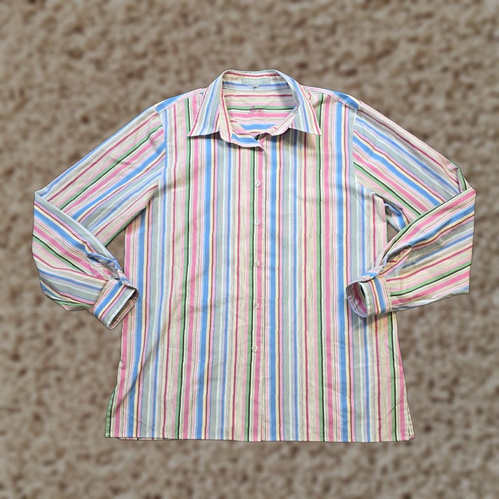 Vintage Foxcroft Womens Blouse Shirt 12 Pink Blue Striped No Iron Button Long Sleeve Casual Career Size XL / US 12-14 / IT 48-50 - 1 Thumbnail